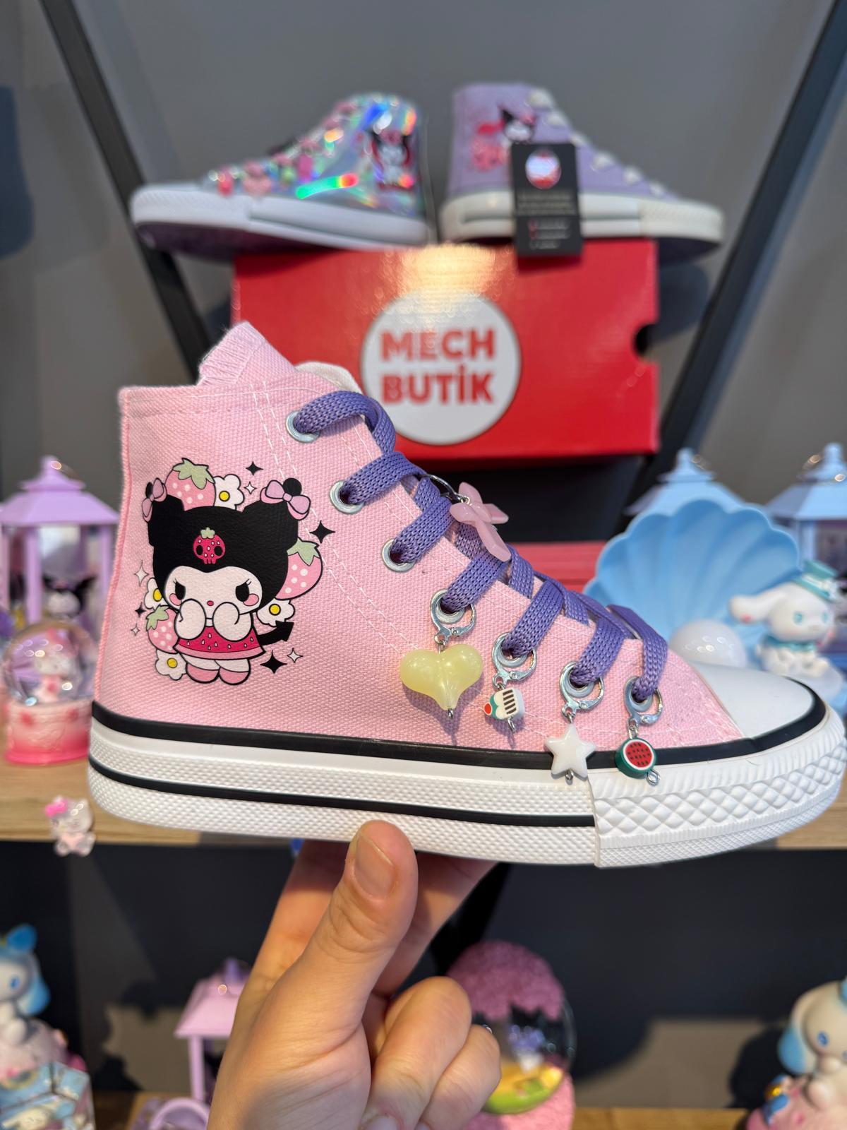 Kuromi Çilek Baskılı Pembe Renk Boncuklu Pembe Renk Spor Ayakkabı Sneaker 