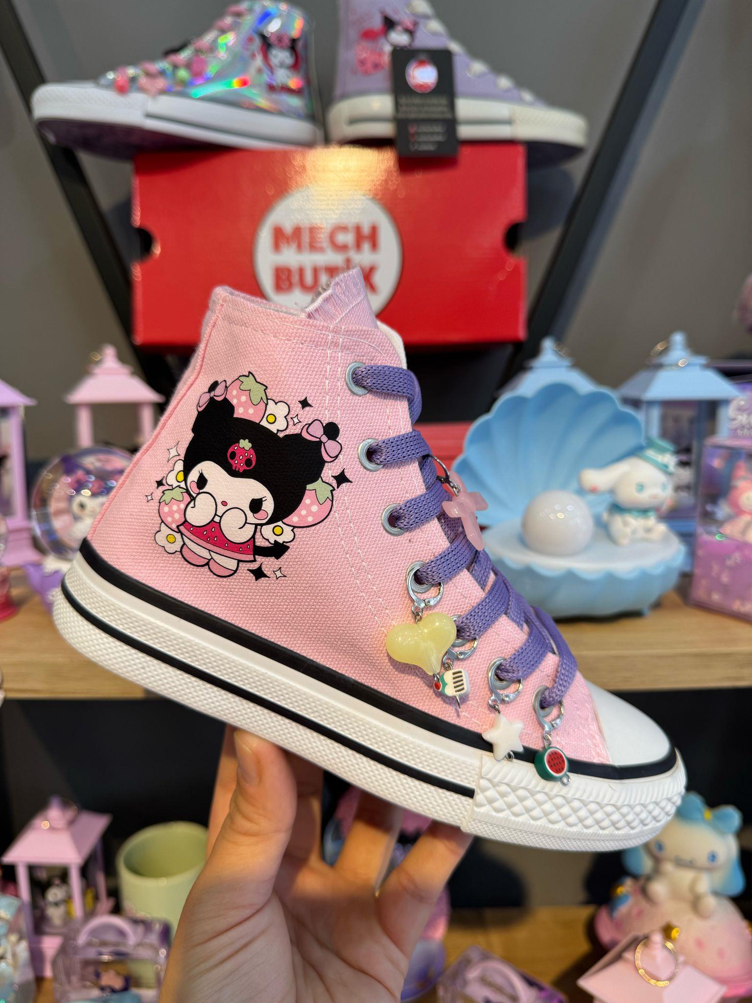 Kuromi Çilek Baskılı Pembe Renk Boncuklu Pembe Renk Spor Ayakkabı Sneaker 
