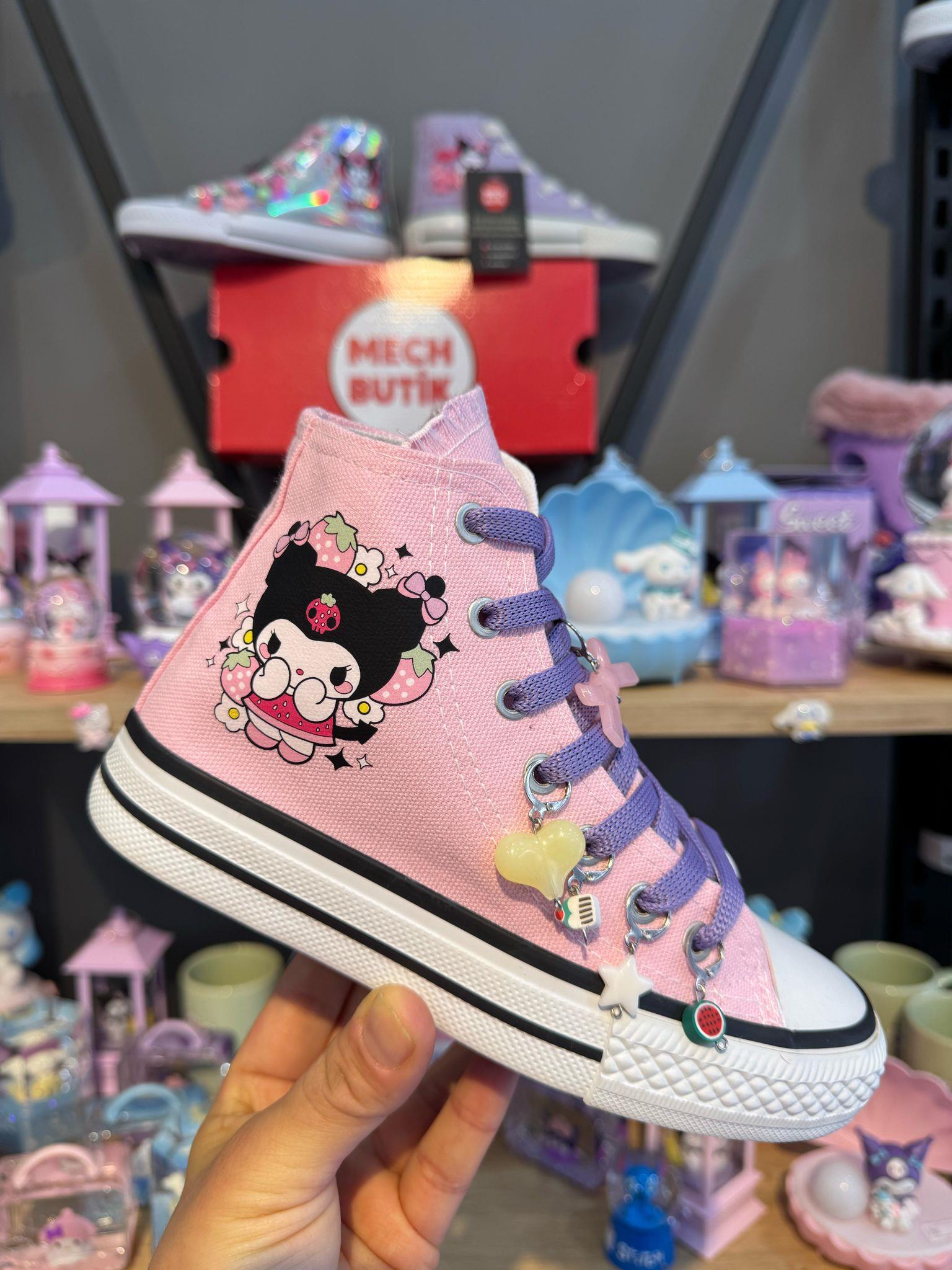 Kuromi Çilek Baskılı Pembe Renk Boncuklu Pembe Renk Spor Ayakkabı Sneaker 