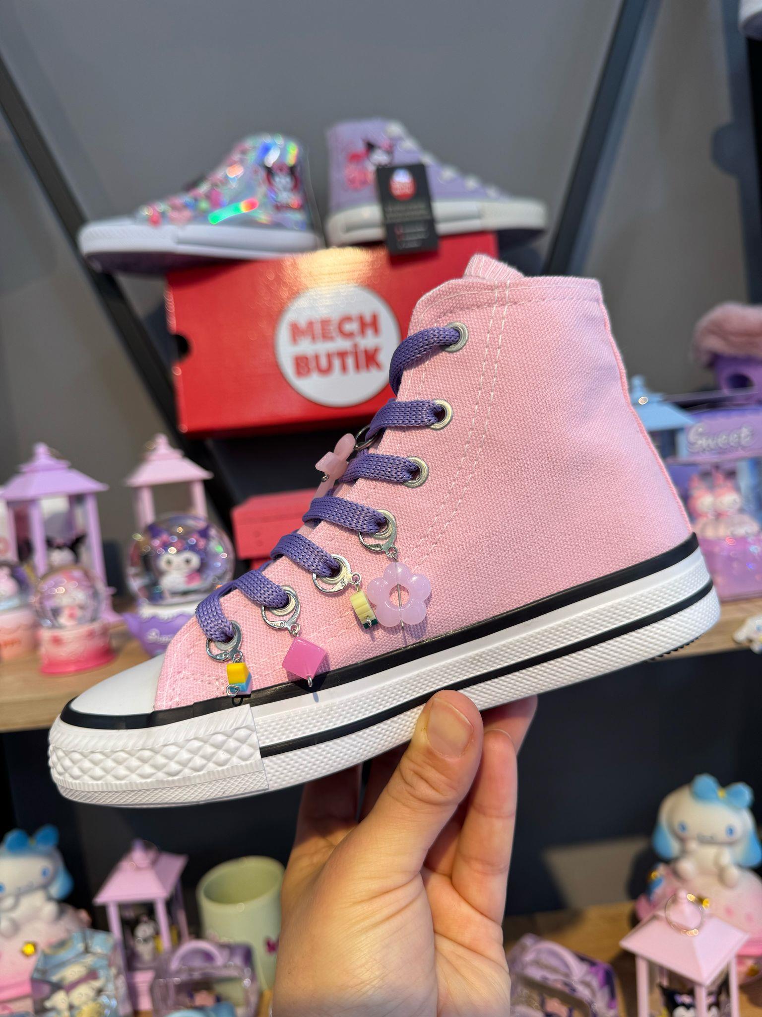 Kuromi Çilek Baskılı Pembe Renk Boncuklu Pembe Renk Spor Ayakkabı Sneaker 