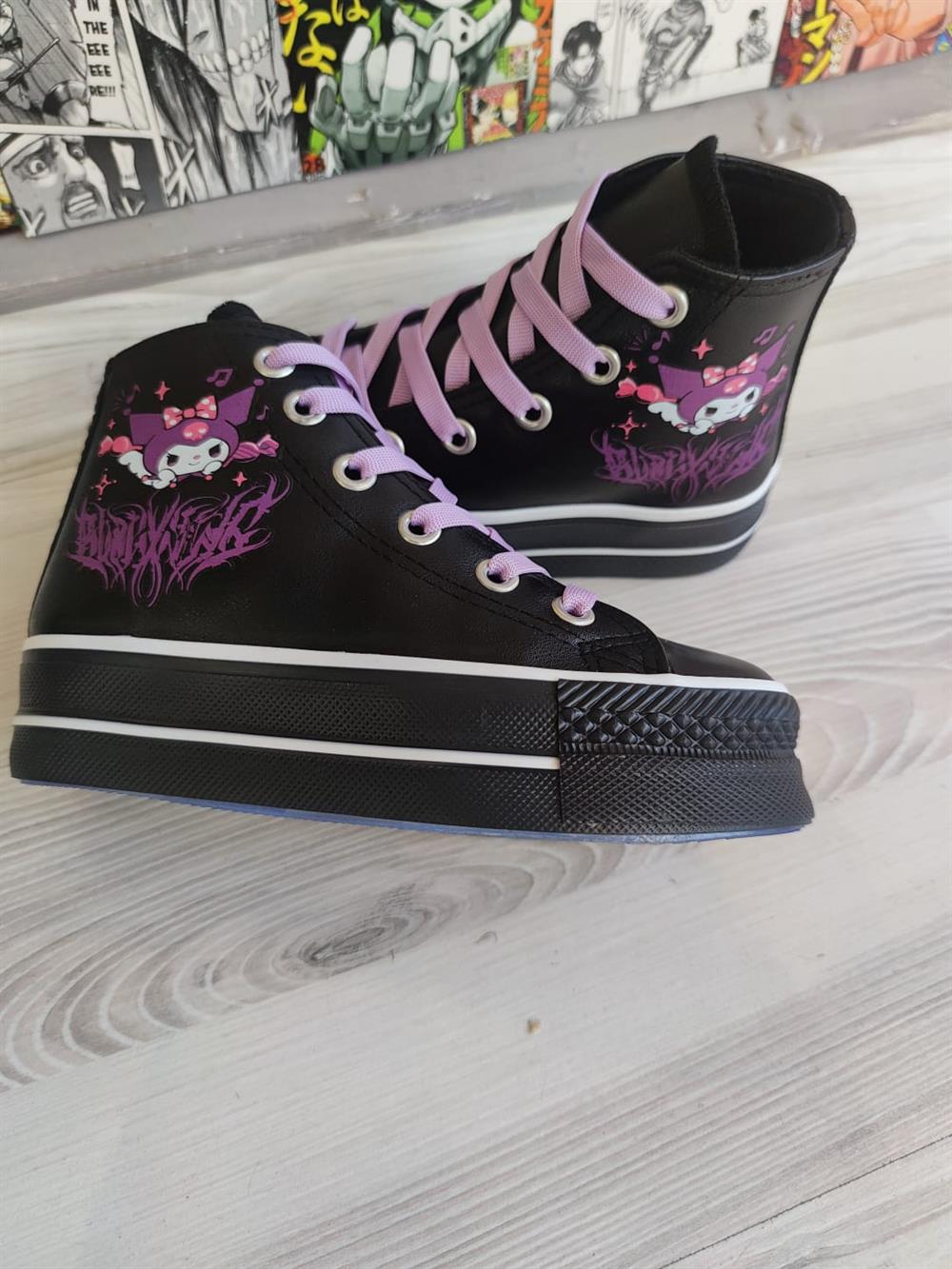 Kuromi Saçaklı Baskılı  Deri Yüksek Şeffaf Taban Bilekli Spor Ayakkabı Sneaker