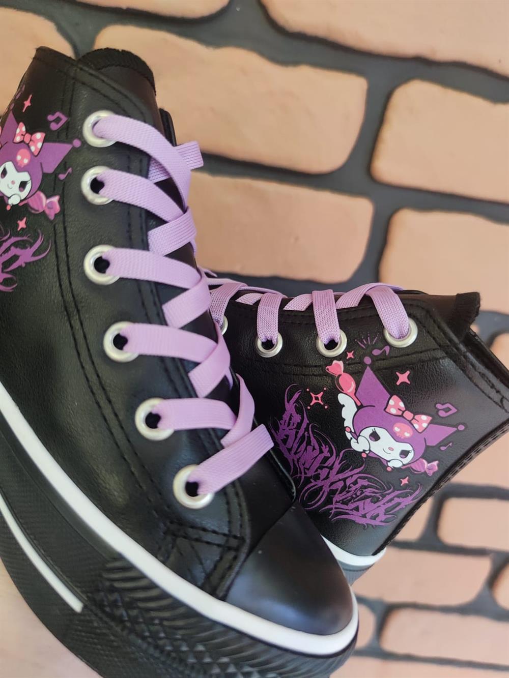 Kuromi Saçaklı Baskılı  Deri Yüksek Şeffaf Taban Bilekli Spor Ayakkabı Sneaker