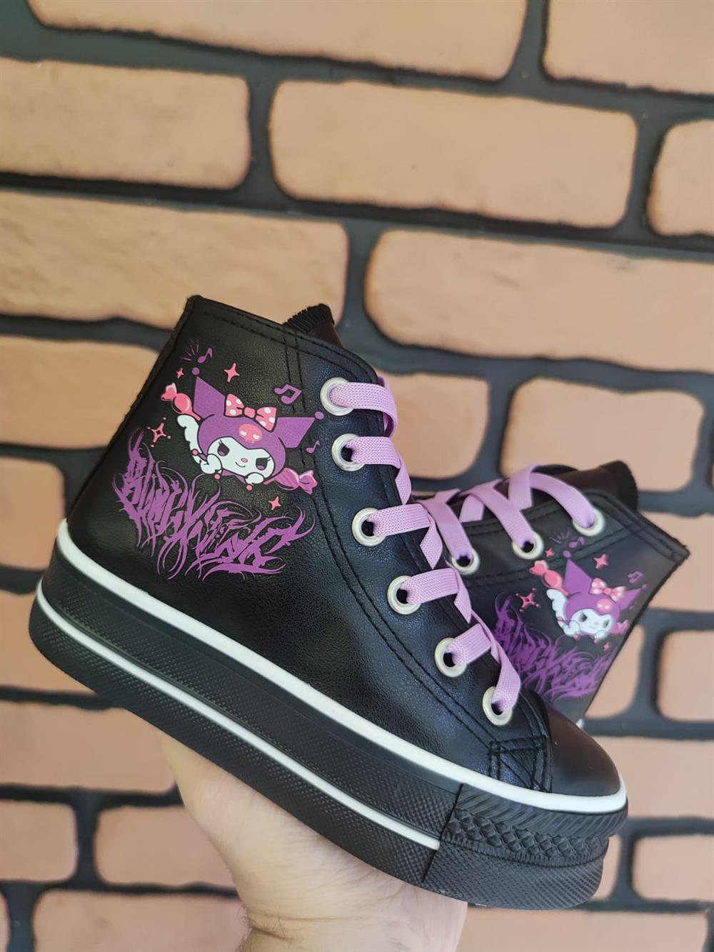 Kuromi Saçaklı Baskılı  Deri Yüksek Şeffaf Taban Bilekli Spor Ayakkabı Sneaker