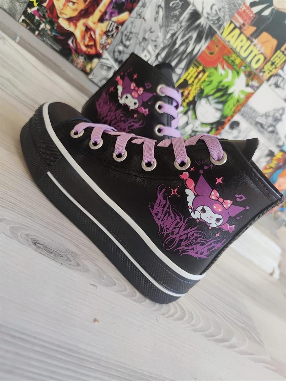 Kuromi Saçaklı Baskılı  Deri Yüksek Şeffaf Taban Bilekli Spor Ayakkabı Sneaker