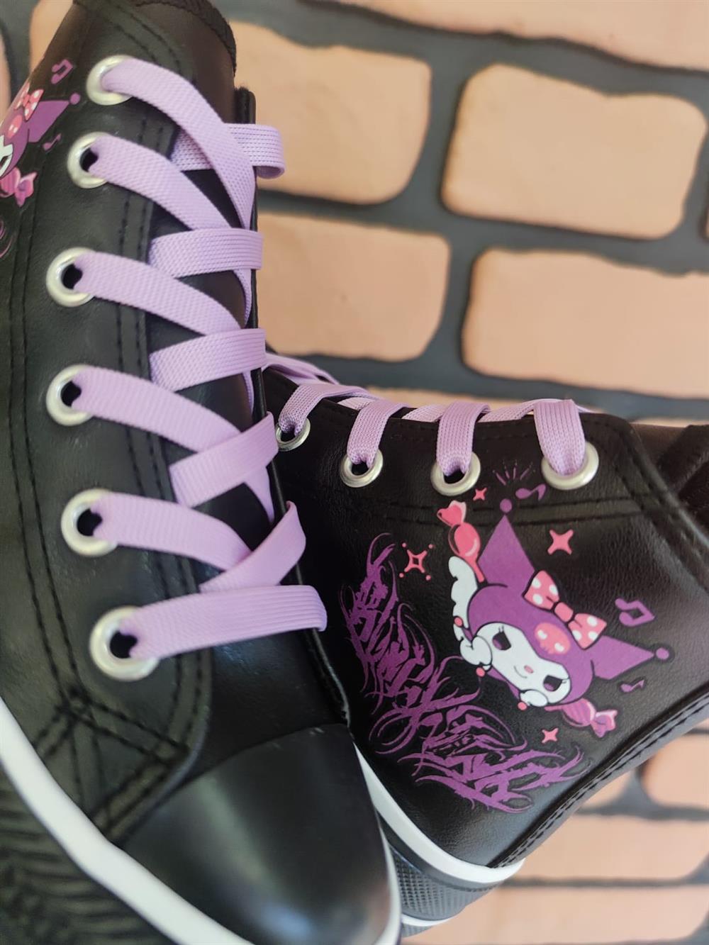 Kuromi Saçaklı Baskılı  Deri Yüksek Şeffaf Taban Bilekli Spor Ayakkabı Sneaker