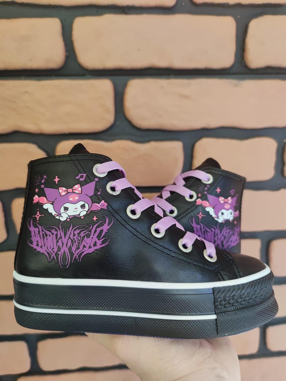 Kuromi Saçaklı Baskılı  Deri Yüksek Şeffaf Taban Bilekli Spor Ayakkabı Sneaker