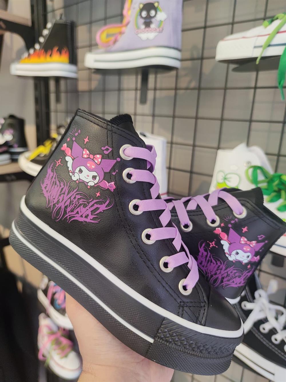Kuromi Saçaklı Baskılı  Deri Yüksek Şeffaf Taban Bilekli Spor Ayakkabı Sneaker
