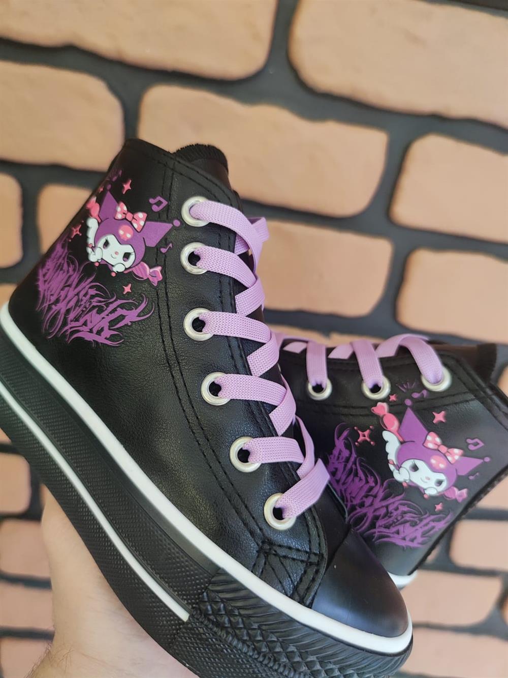 Kuromi Saçaklı Baskılı  Deri Yüksek Şeffaf Taban Bilekli Spor Ayakkabı Sneaker