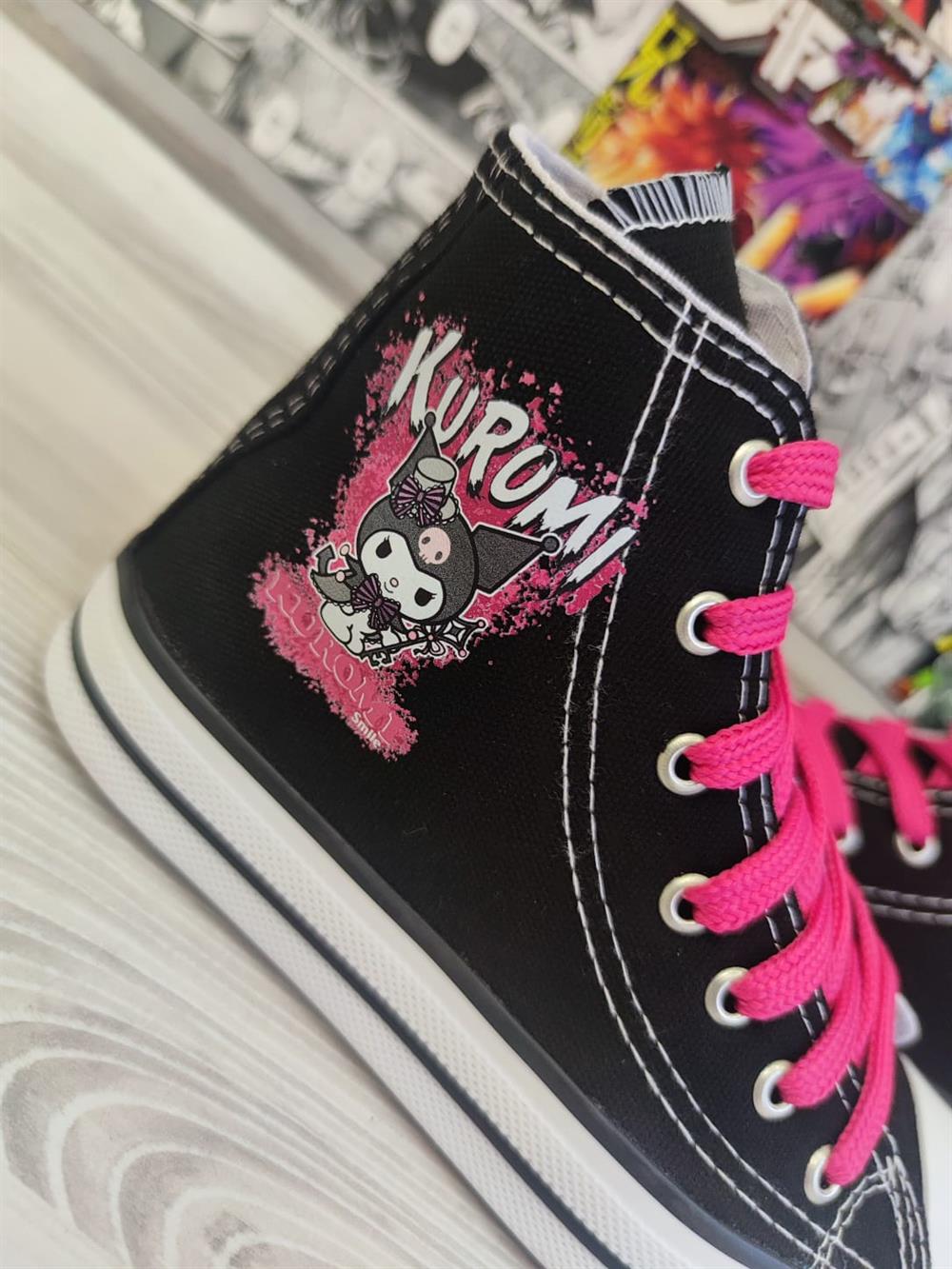 Kuromi Smile Baskılı Siyah Bilekli Spor Ayakkabı Sneaker