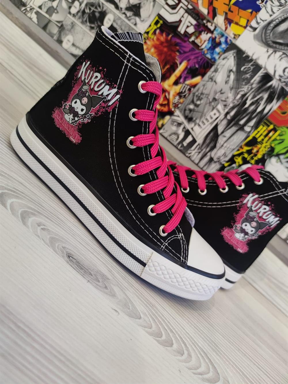 Kuromi Smile Baskılı Siyah Bilekli Spor Ayakkabı Sneaker