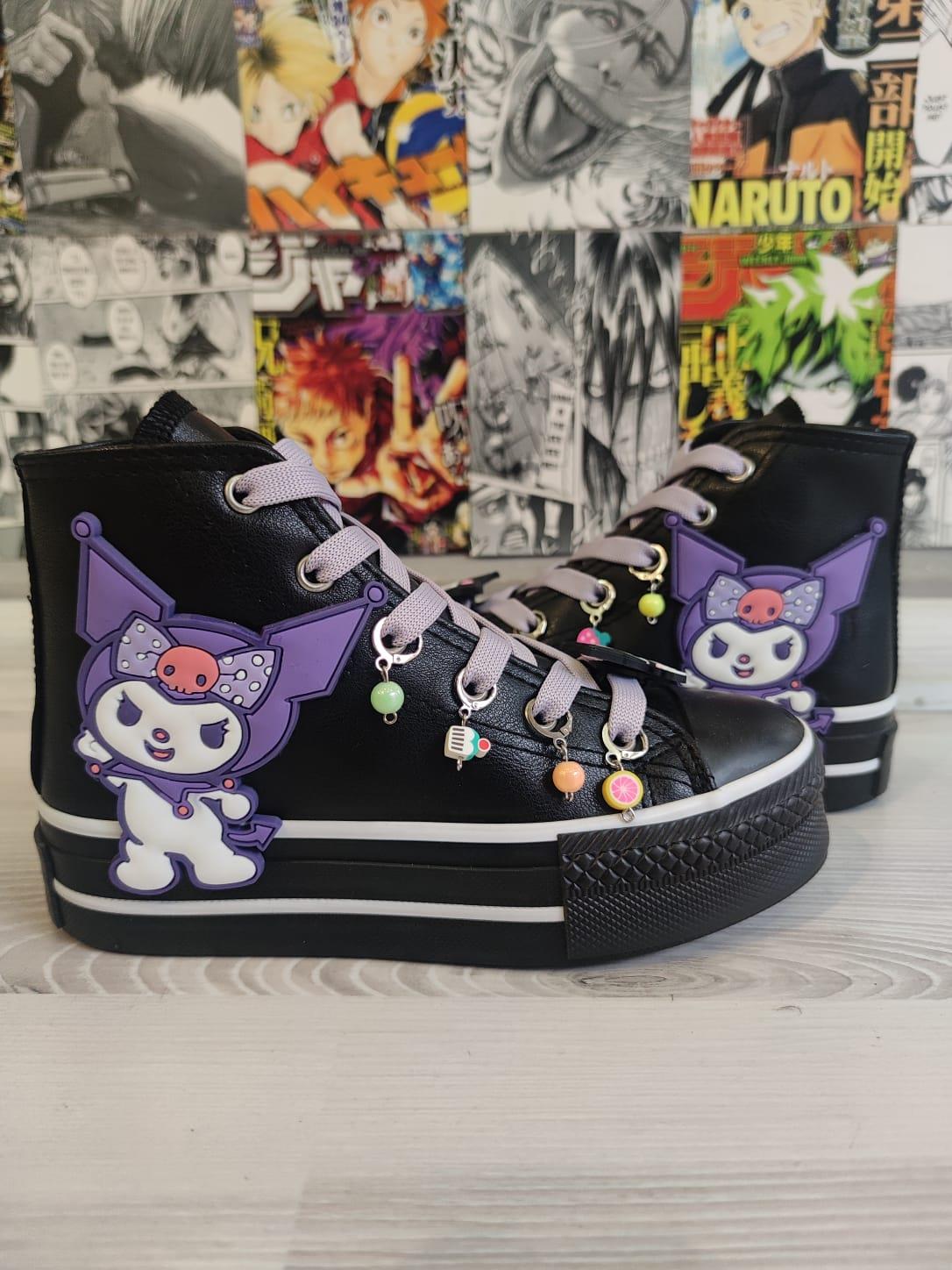 Kuromi Süslemeli Deri Suya Dayanıklı Boncuklu Siyah Bilekli Kaydırmaz Taban Ayakkabı Sneaker