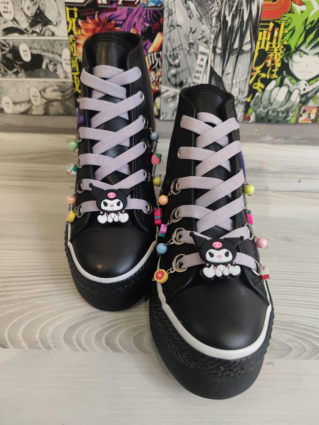 Kuromi Süslemeli Deri Suya Dayanıklı Boncuklu Siyah Bilekli Kaydırmaz Taban Ayakkabı Sneaker