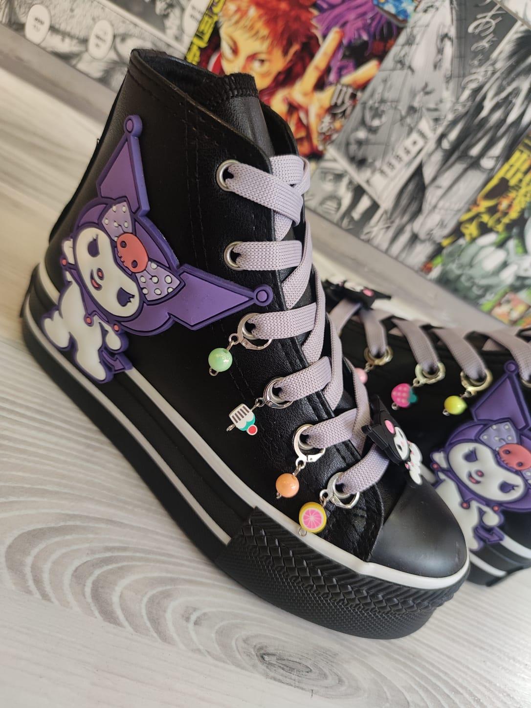 Kuromi Süslemeli Deri Suya Dayanıklı Boncuklu Siyah Bilekli Kaydırmaz Taban Ayakkabı Sneaker