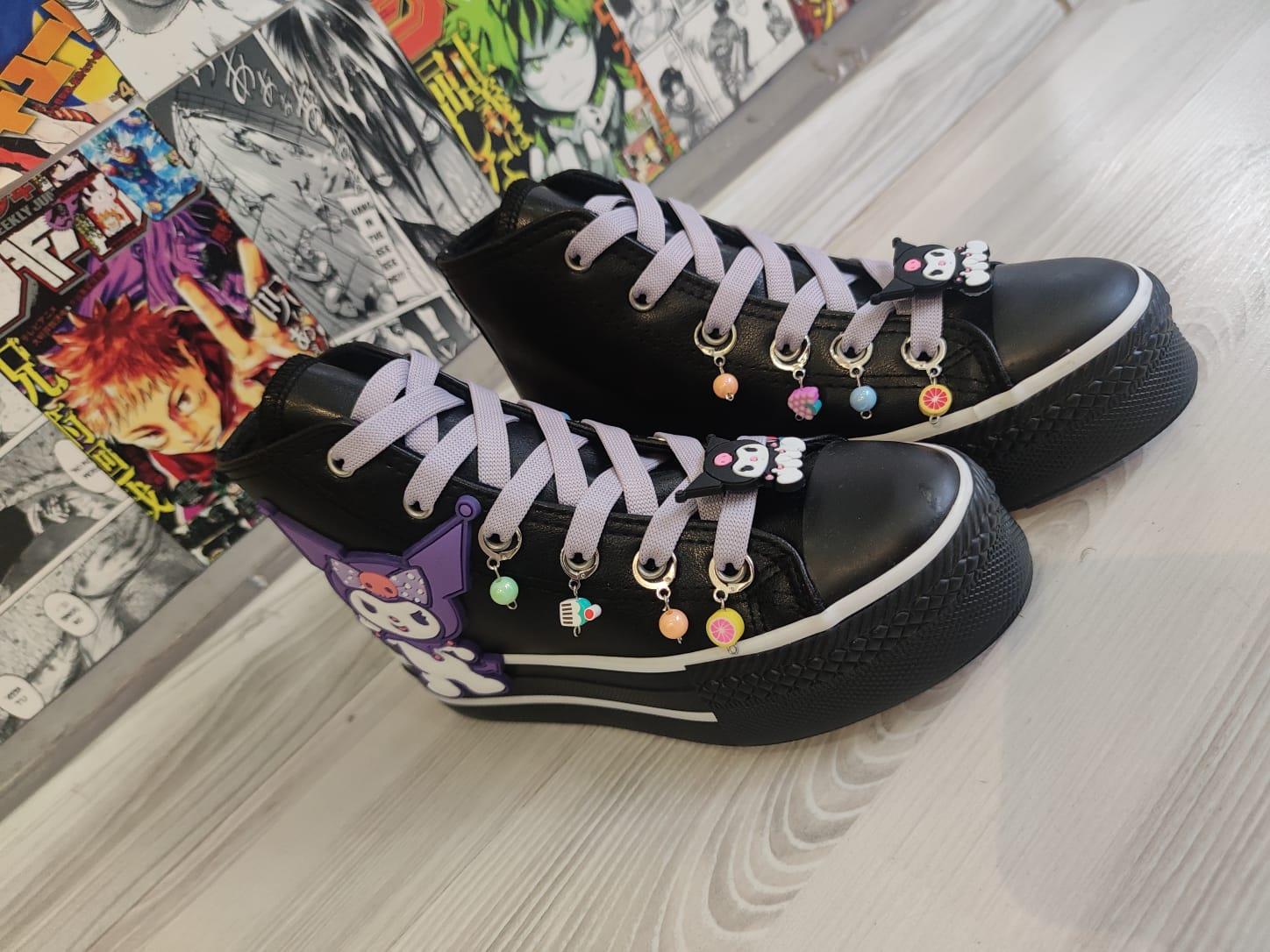 Kuromi Süslemeli Deri Suya Dayanıklı Boncuklu Siyah Bilekli Kaydırmaz Taban Ayakkabı Sneaker