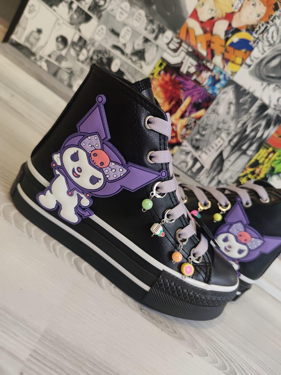 Kuromi Süslemeli Deri Suya Dayanıklı Boncuklu Siyah Bilekli Kaydırmaz Taban Ayakkabı Sneaker