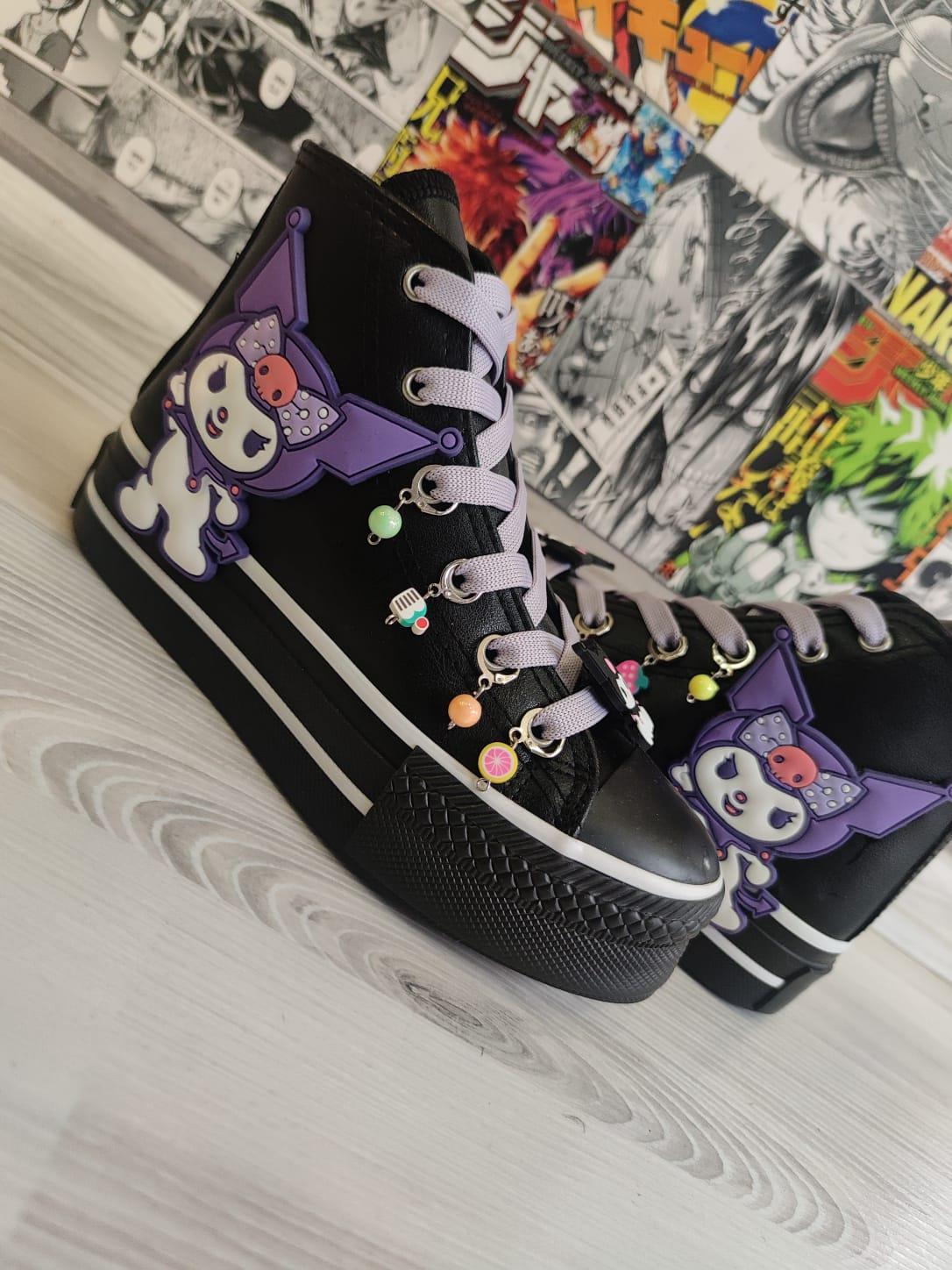 Kuromi Süslemeli Deri Suya Dayanıklı Boncuklu Siyah Bilekli Kaydırmaz Taban Ayakkabı Sneaker