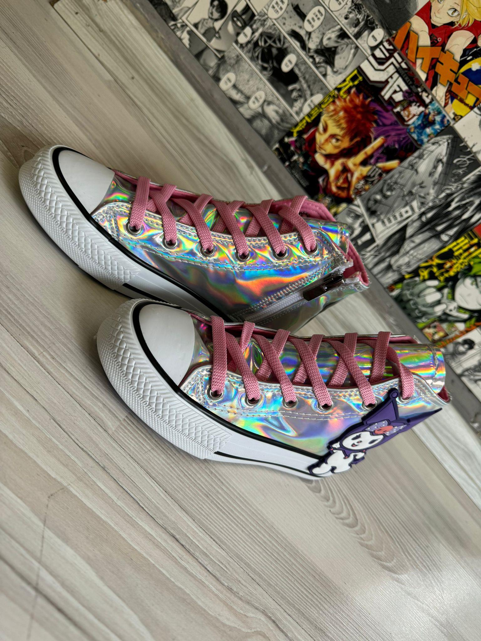 Kuromi Süslü Gümüş Hologram Bilekli Fermuarlı Kaydırmaz Taban Ayakkabı Sneaker