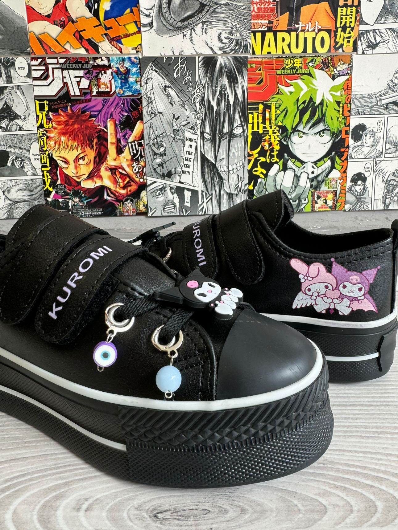 Kuromi&Mymelody Baskılı Siyah Çırtlı Süslemeli  Deri Spor Ayakkabı Sneaker