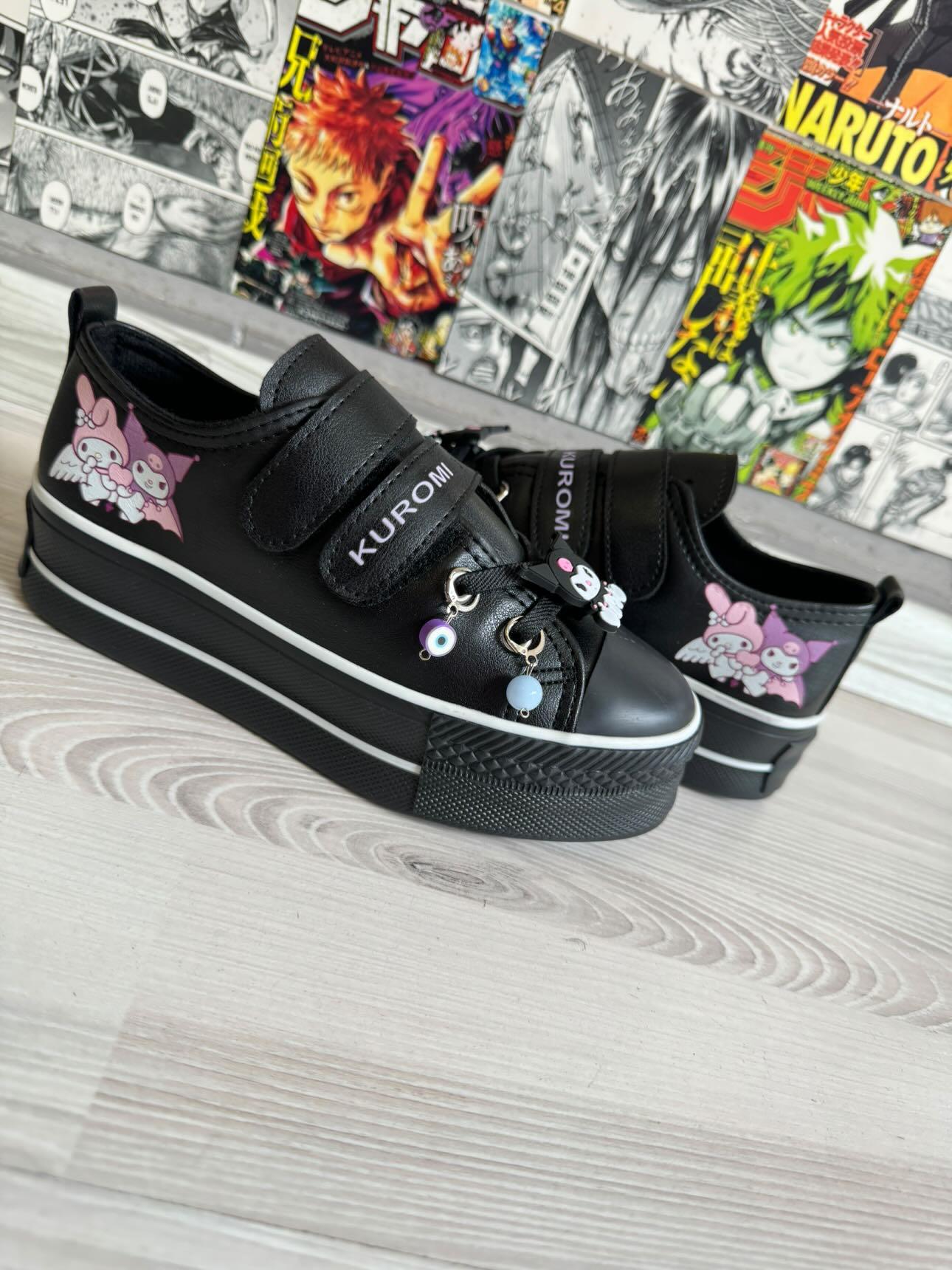 Kuromi&Mymelody Baskılı Siyah Çırtlı Süslemeli  Deri Spor Ayakkabı Sneaker