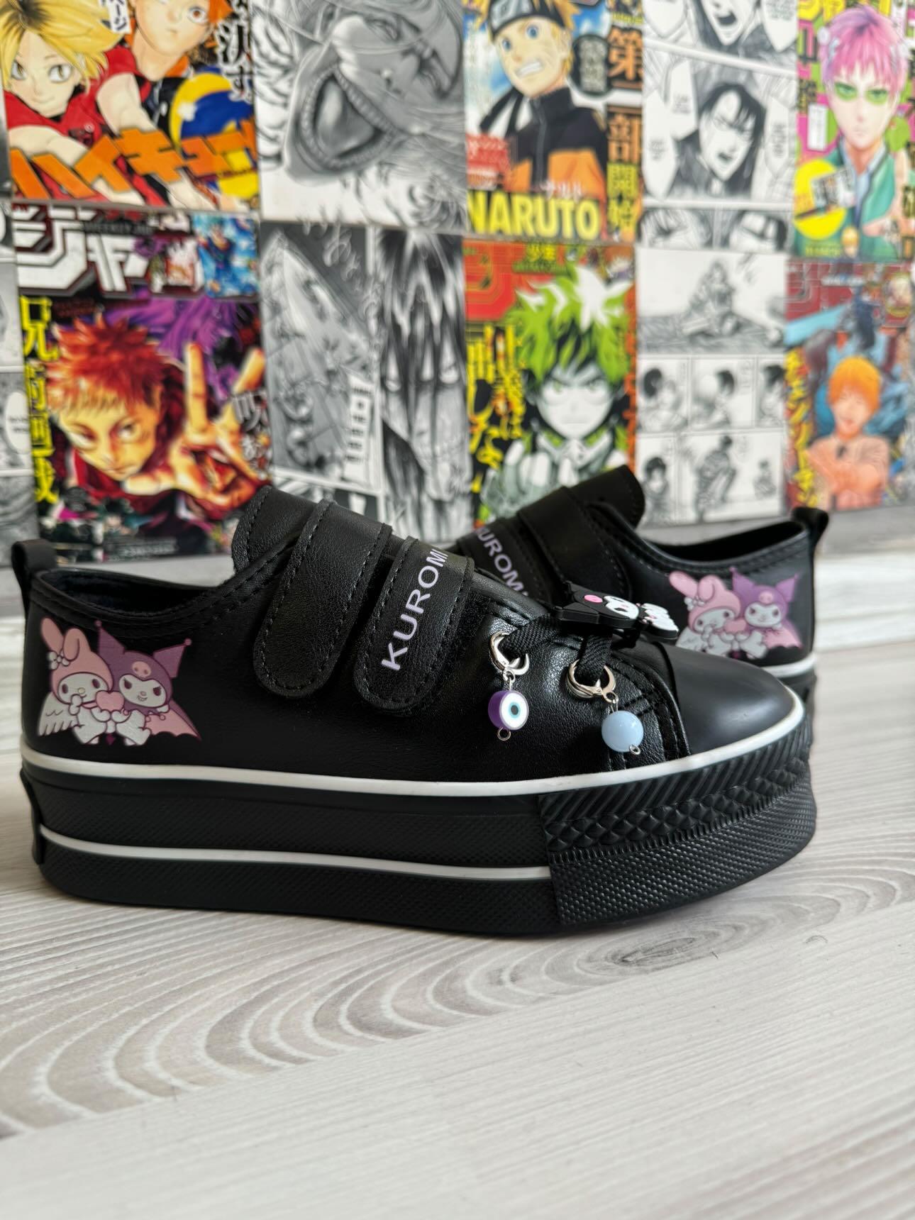 Kuromi&Mymelody Baskılı Siyah Çırtlı Süslemeli  Deri Spor Ayakkabı Sneaker