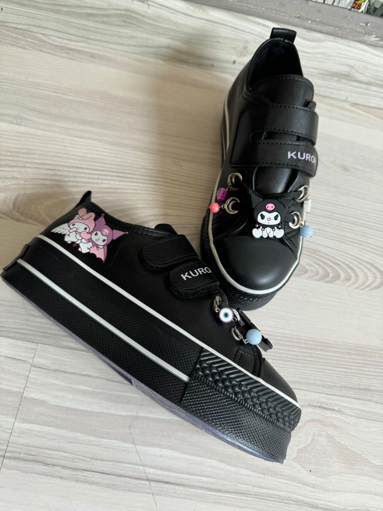Kuromi&Mymelody Baskılı Siyah Çırtlı Süslemeli  Deri Spor Ayakkabı Sneaker