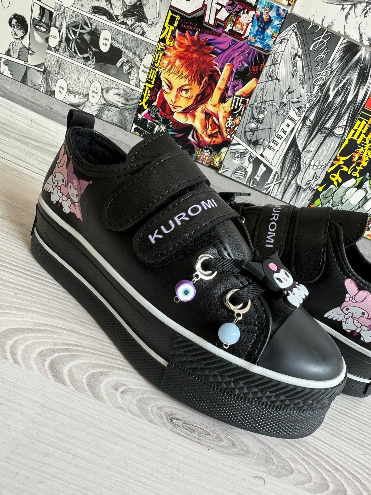 Kuromi&Mymelody Baskılı Siyah Çırtlı Süslemeli  Deri Spor Ayakkabı Sneaker