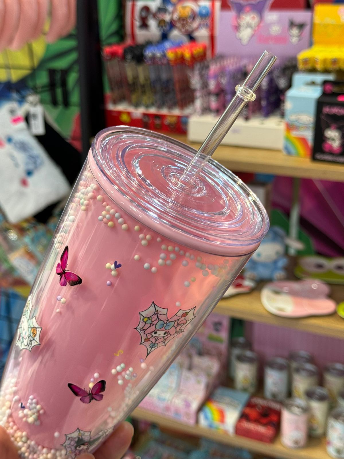 Kuromi,mymelody,cinnaroll,yanda Baskılı Pembe Pipetli PBA içermeyen Kahve,Milkshake Ve İçecek Bardağı