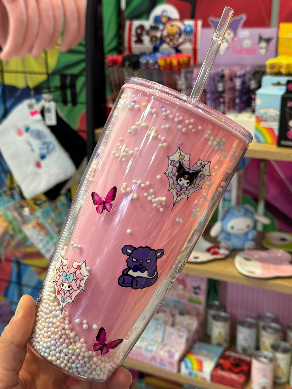 Kuromi,mymelody,cinnaroll,yanda Baskılı Pembe Pipetli PBA içermeyen Kahve,Milkshake Ve İçecek Bardağı