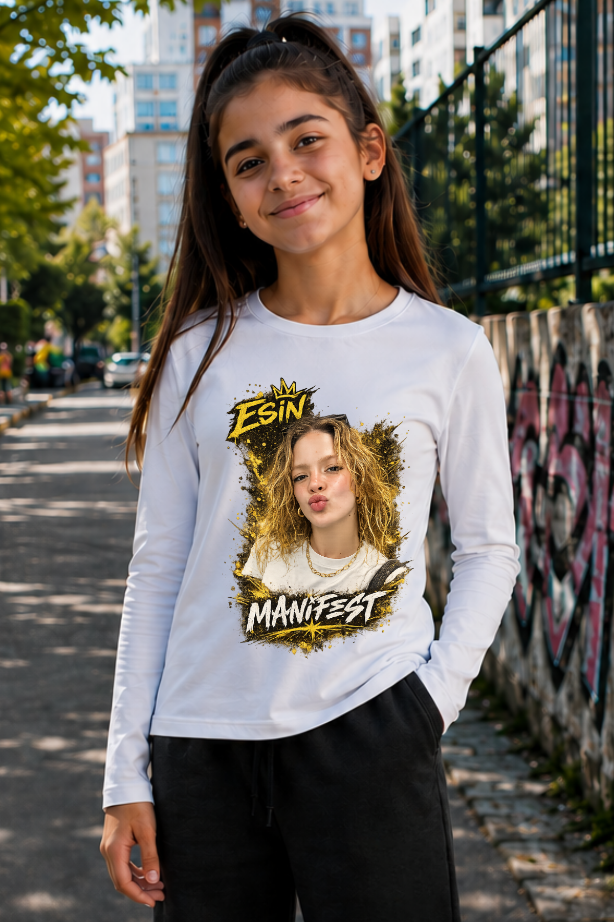 Manifest Esin Baskılı Beyaz Dar Kalıp Body Uzun Kollu Tişört