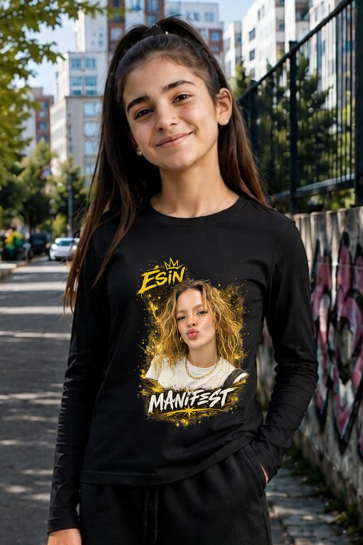 Manifest Esin Baskılı Dar Kalıp Siyah Body Uzun Kollu Tişört