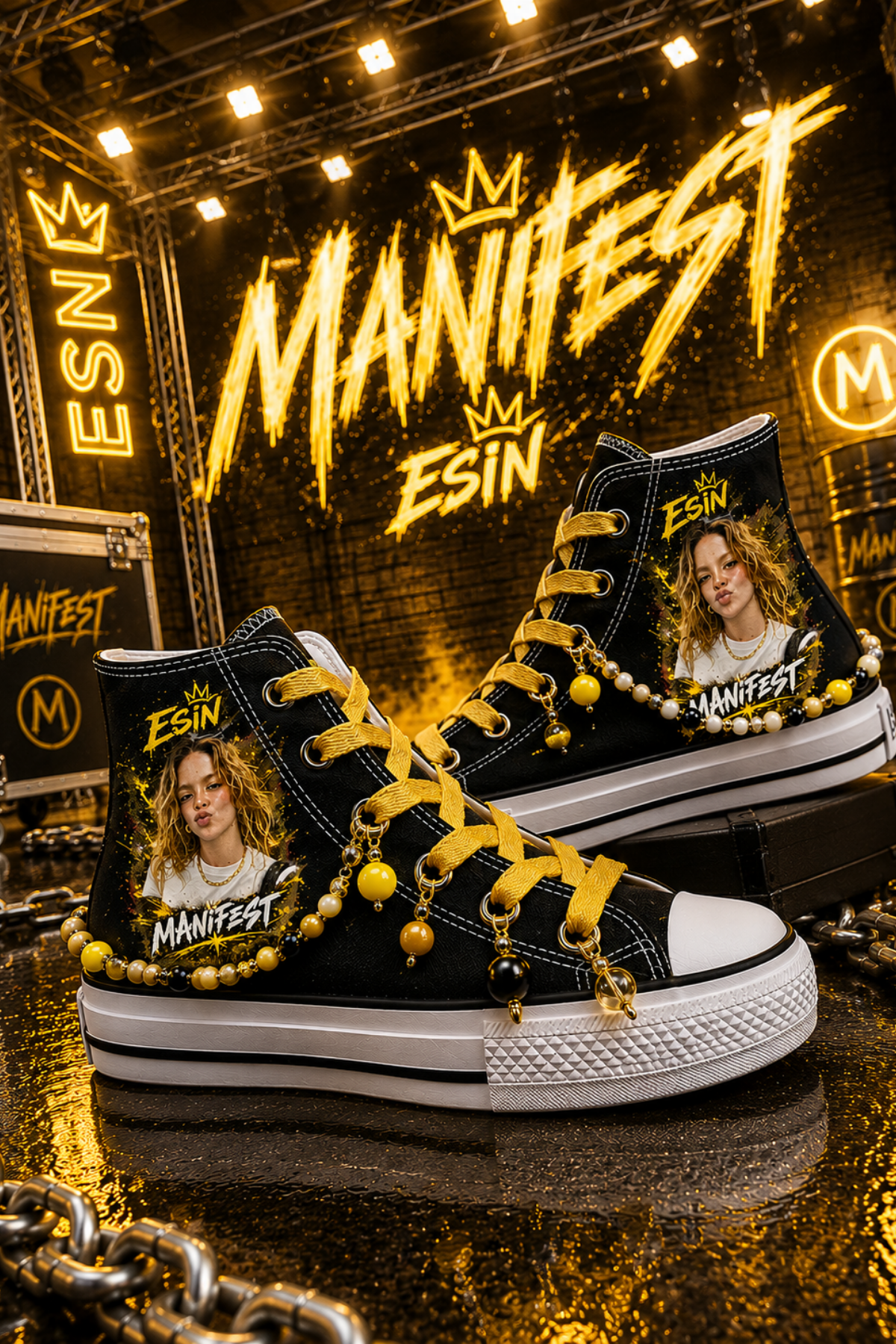 Manifest Esin Baskılı Siyah Boncuk ve Halhallı Spor Ayakkabı Sneaker 