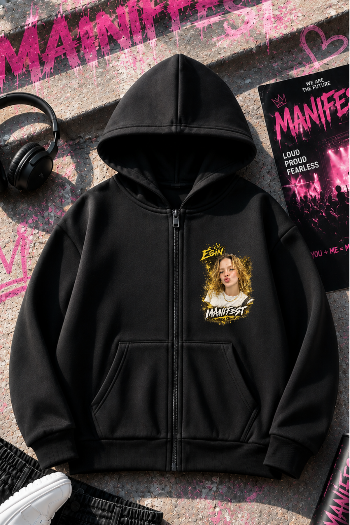 Manifest Esin Baskılı Siyah Fermuarlı Hırka Sweatshirt 