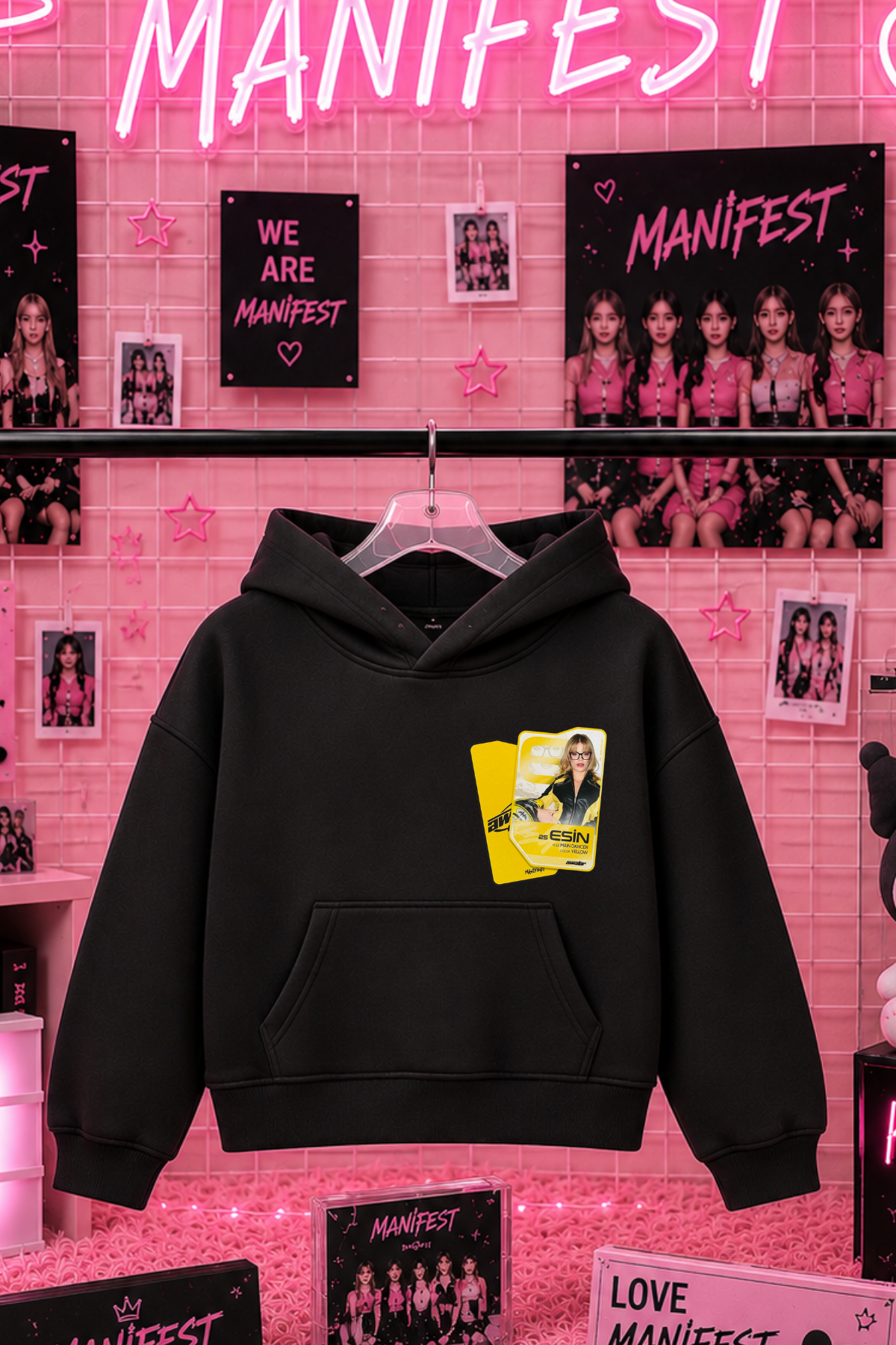 Manifest Esin Kart Baskılı Siyah 3 İplik Şardonsuz Sweatshirt