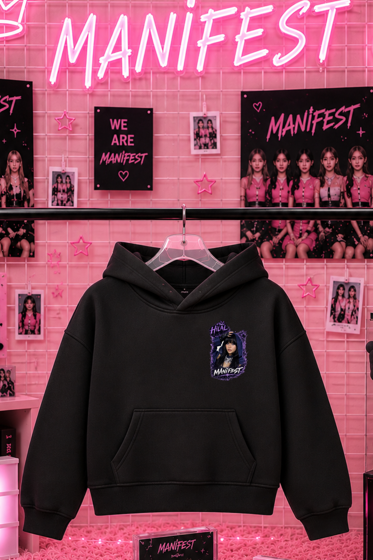 Manifest Hilal Baskılı Siyah 3 İplik Şardonsuz Sweatshirt