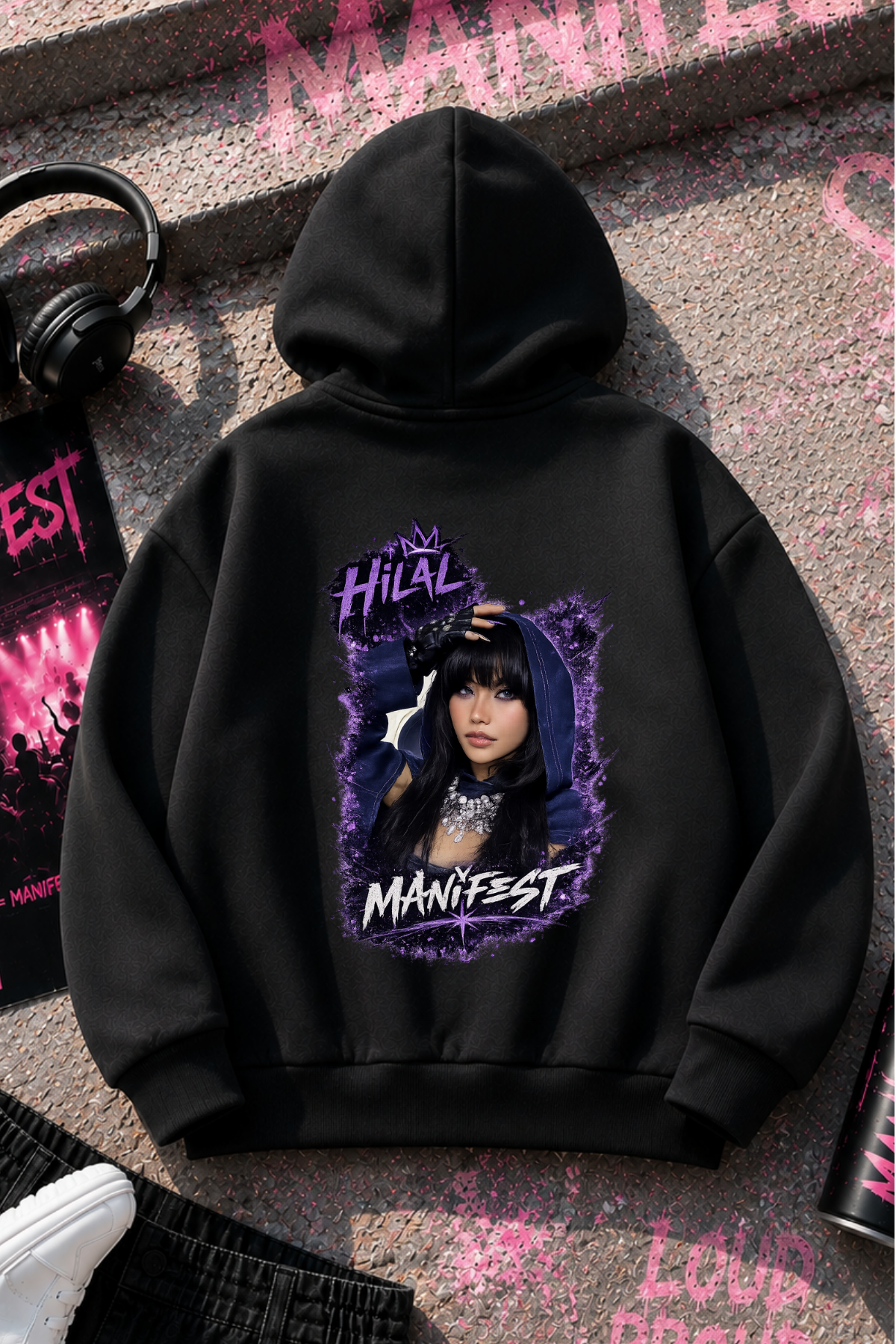 Manifest Hilal Baskılı Siyah Fermuarlı Hırka Sweatshirt 