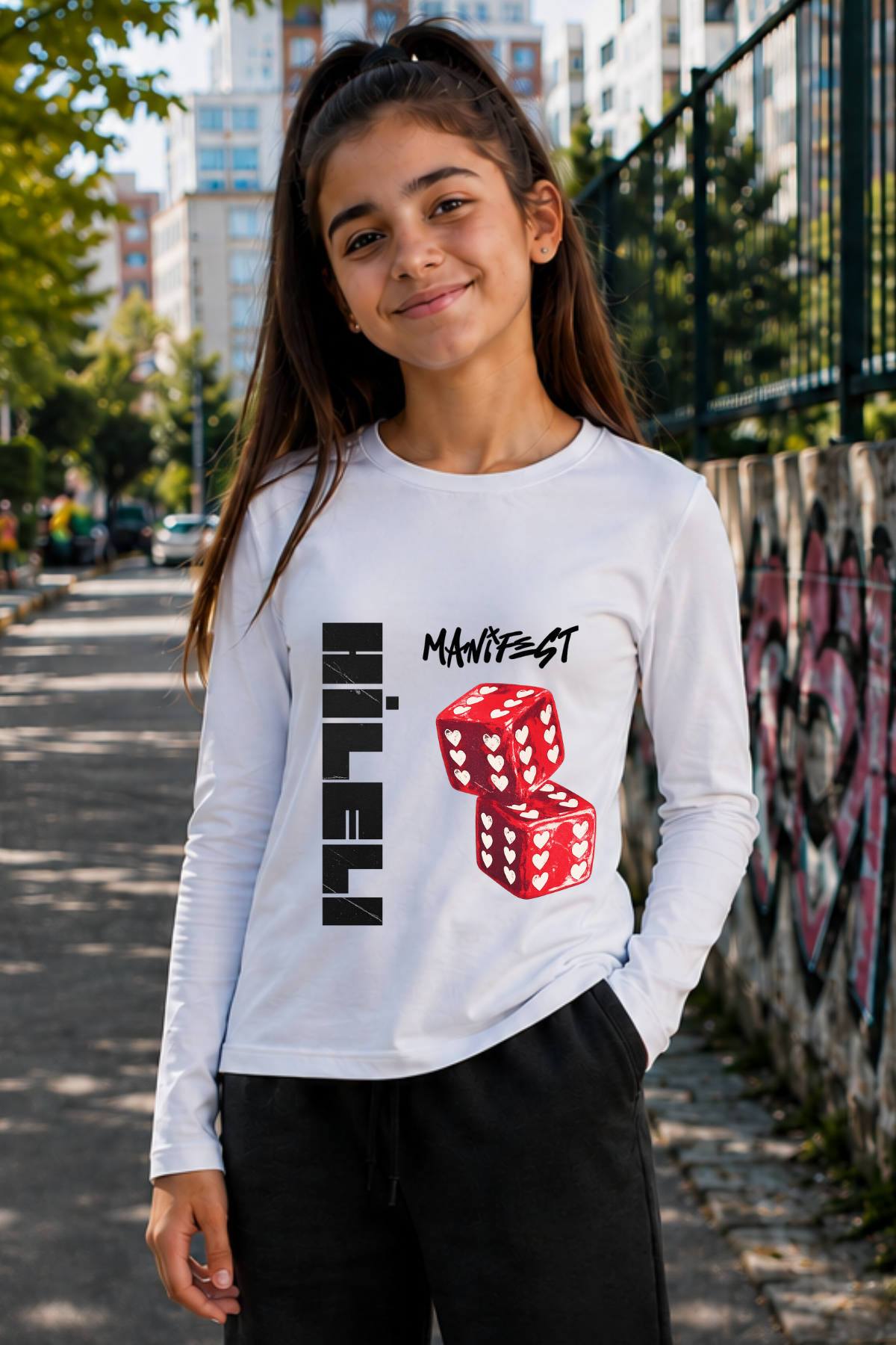Manifest Hileli Baskılı Beyaz Dar Kalıp Body Uzun Kollu Tişört