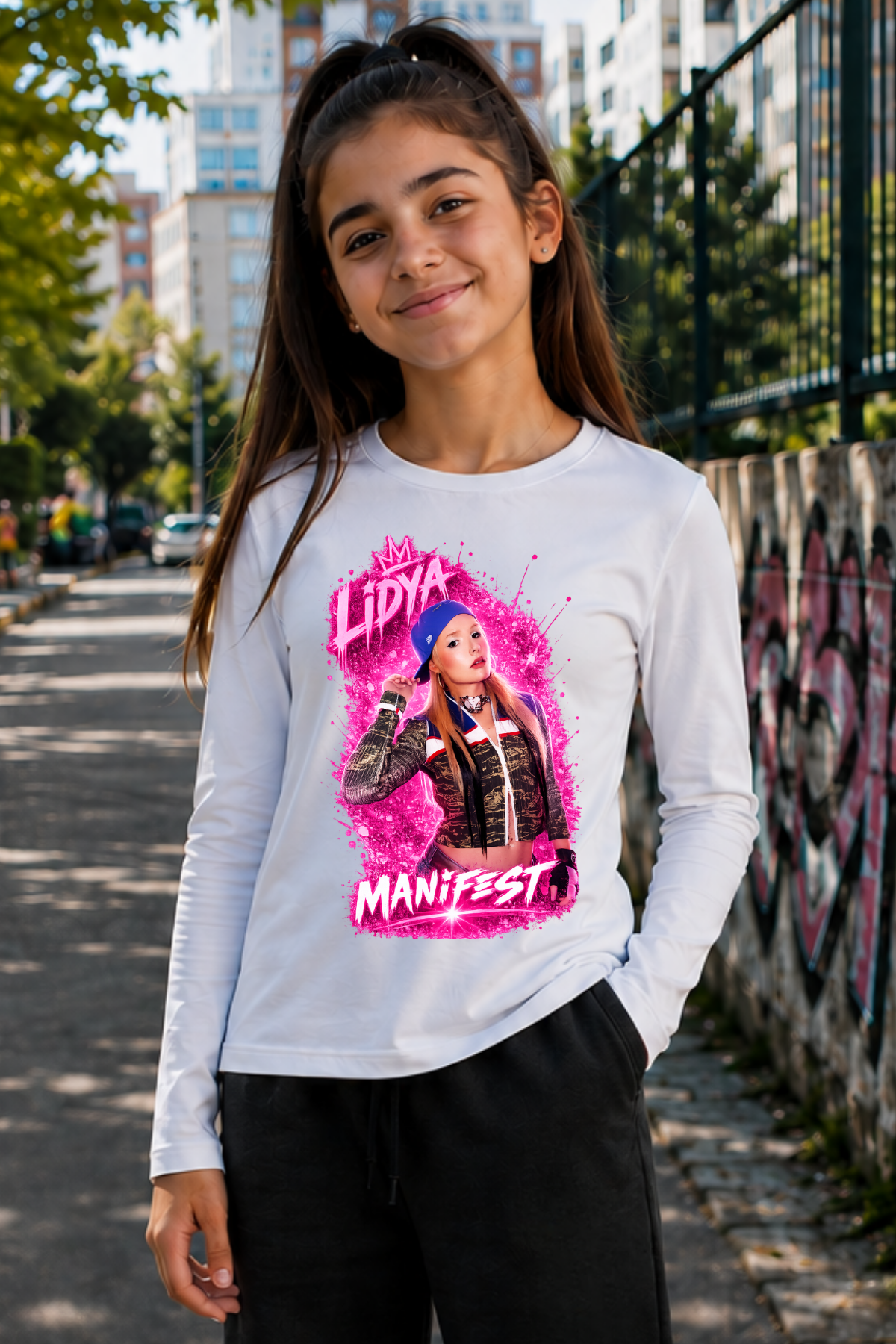 Manifest Lidya Baskılı Beyaz Dar Kalıp Body Uzun Kollu Tişört