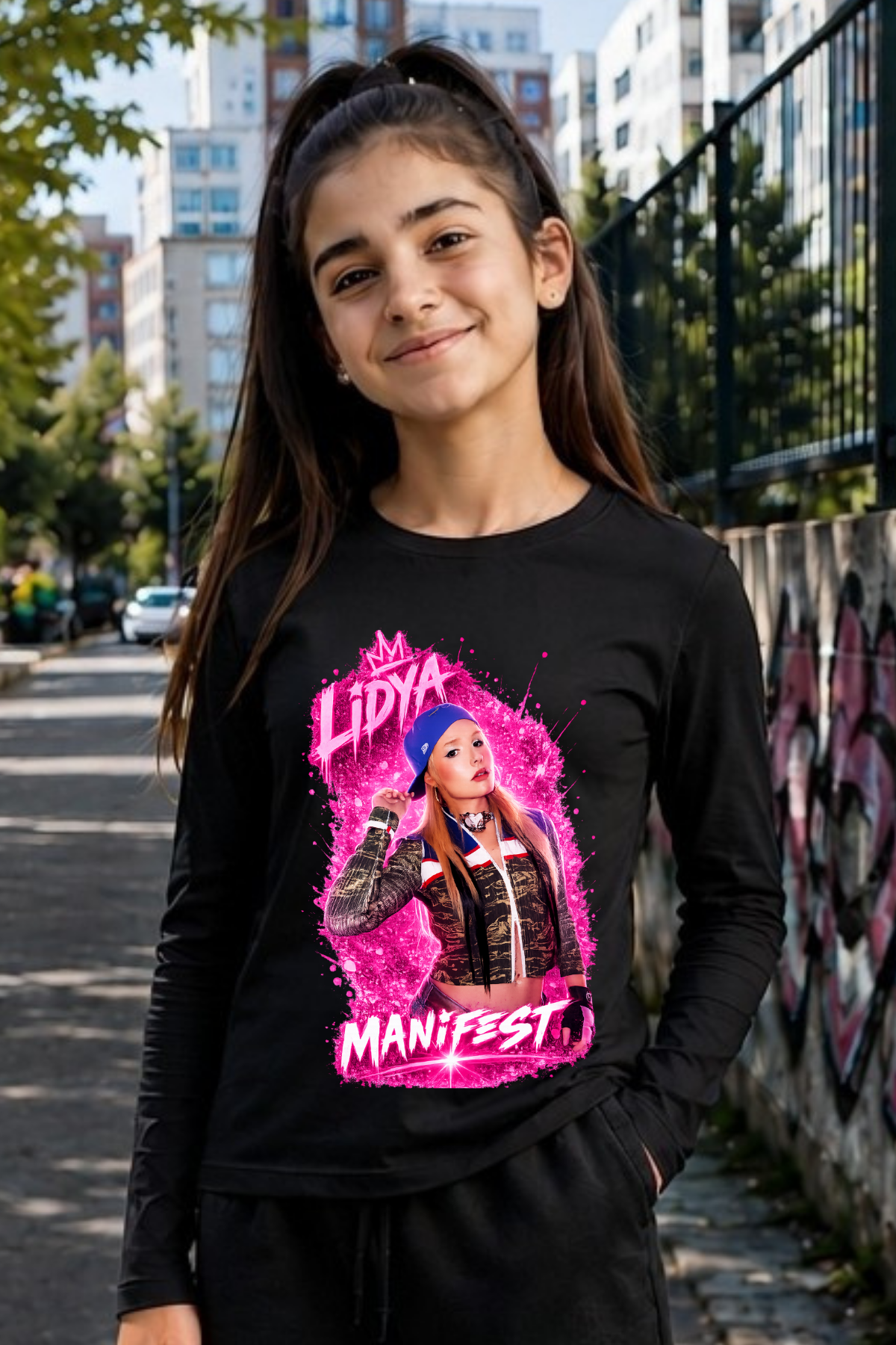 Manifest Lidya Baskılı Dar Kalıp Siyah Body Uzun Kollu Tişört