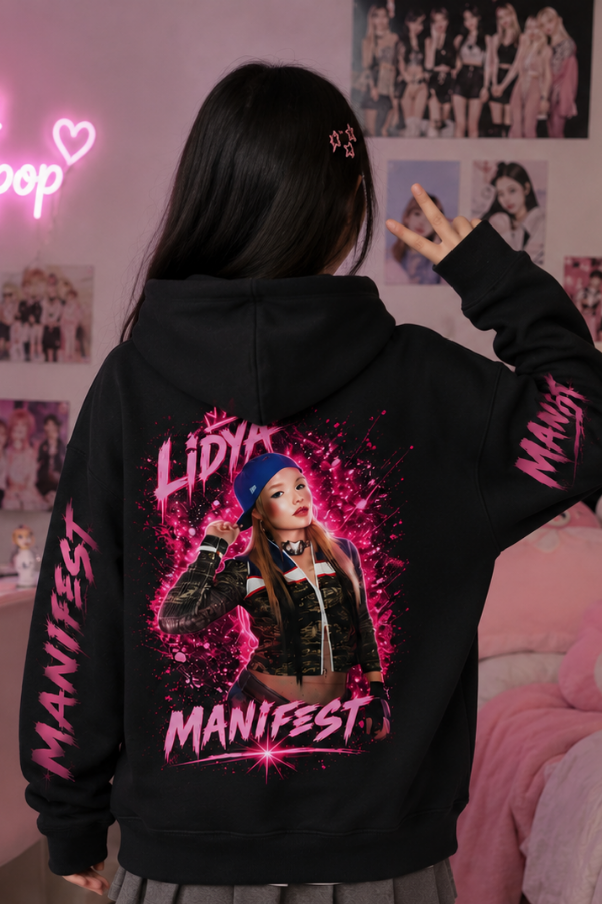 Manifest Lidya Baskılı Siyah 3 İplik Şardonsuz Sweatshirt