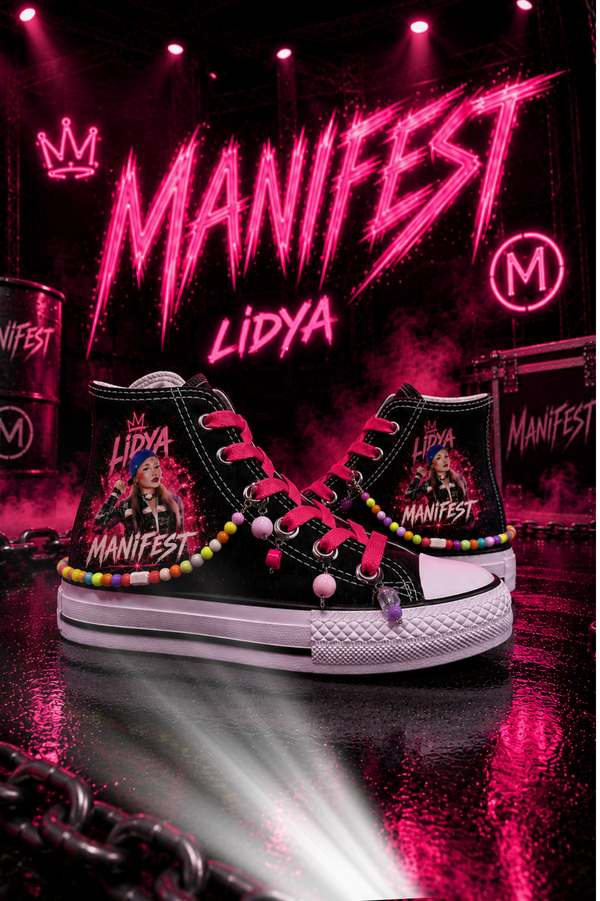 Manifest Lidya Baskılı Siyah Boncuk ve Halhallı Spor Ayakkabı Sneaker 