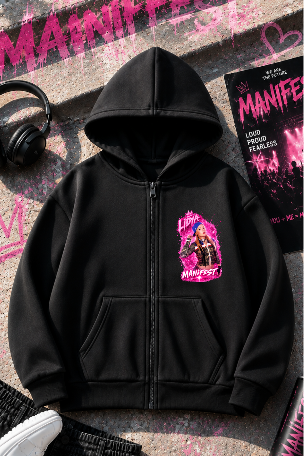 Manifest Lidya Baskılı Siyah Fermuarlı Hırka Sweatshirt 