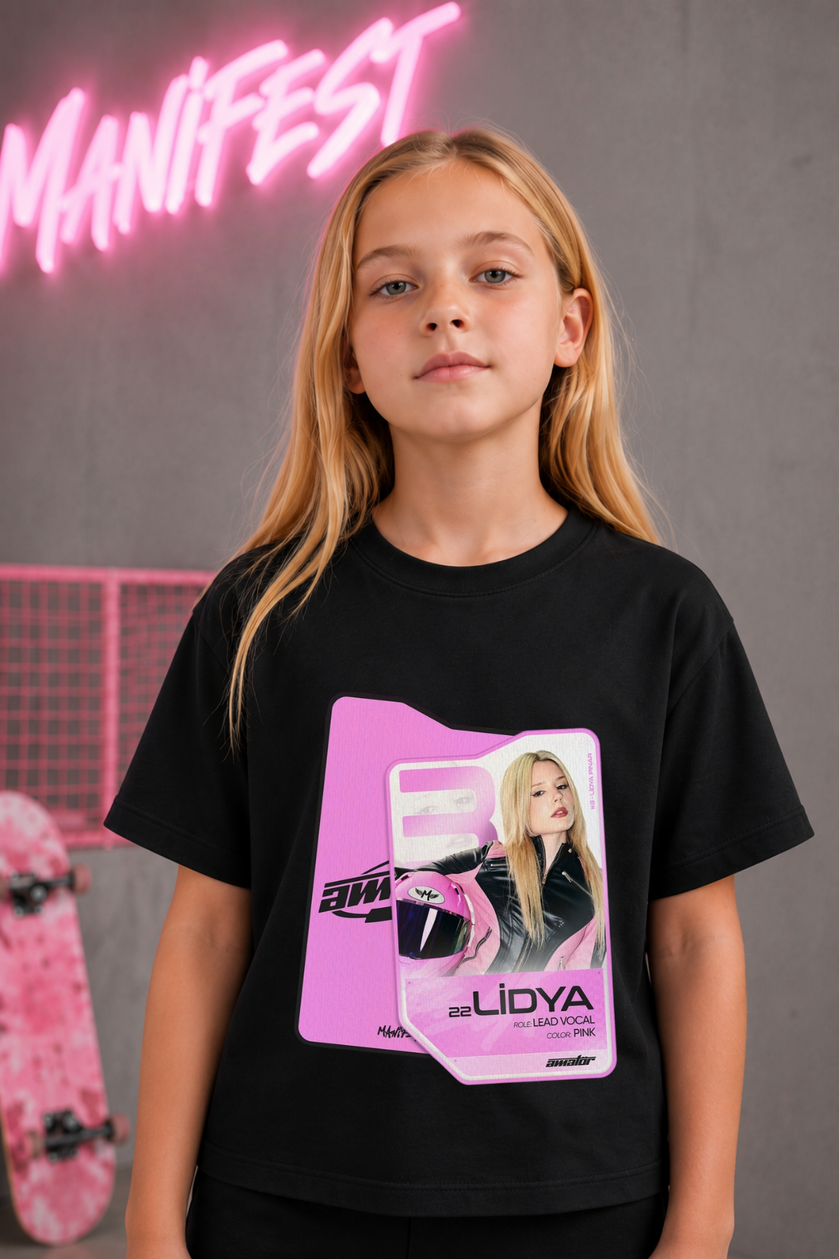 Manifest Lidya Kart Baskılı Siyah Tişört Tshirt