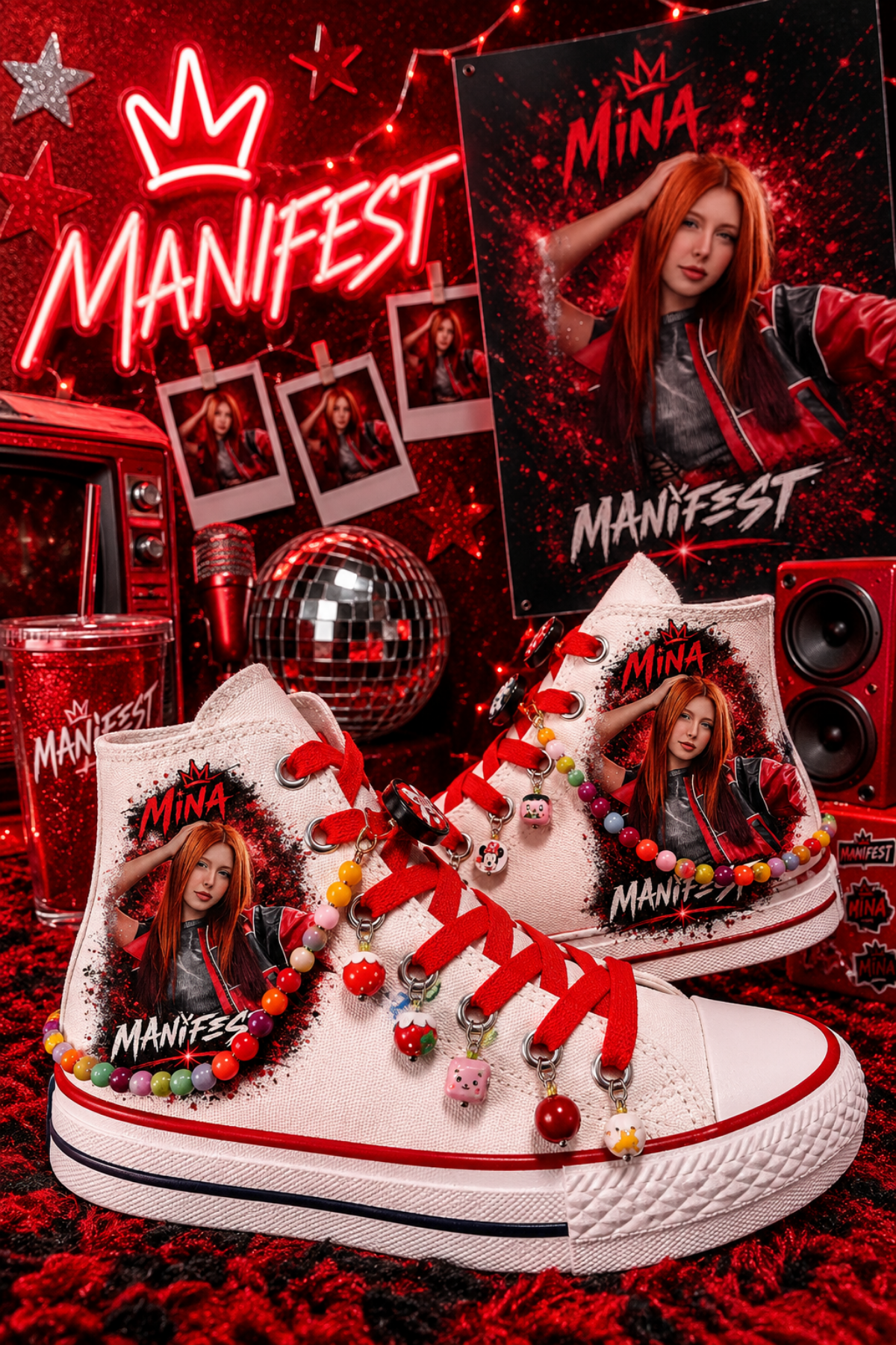 Manifest Mina Baskılı Beyaz Bilekli Boncuk Ve Halhallı Spor Ayakkabı Sneaker 