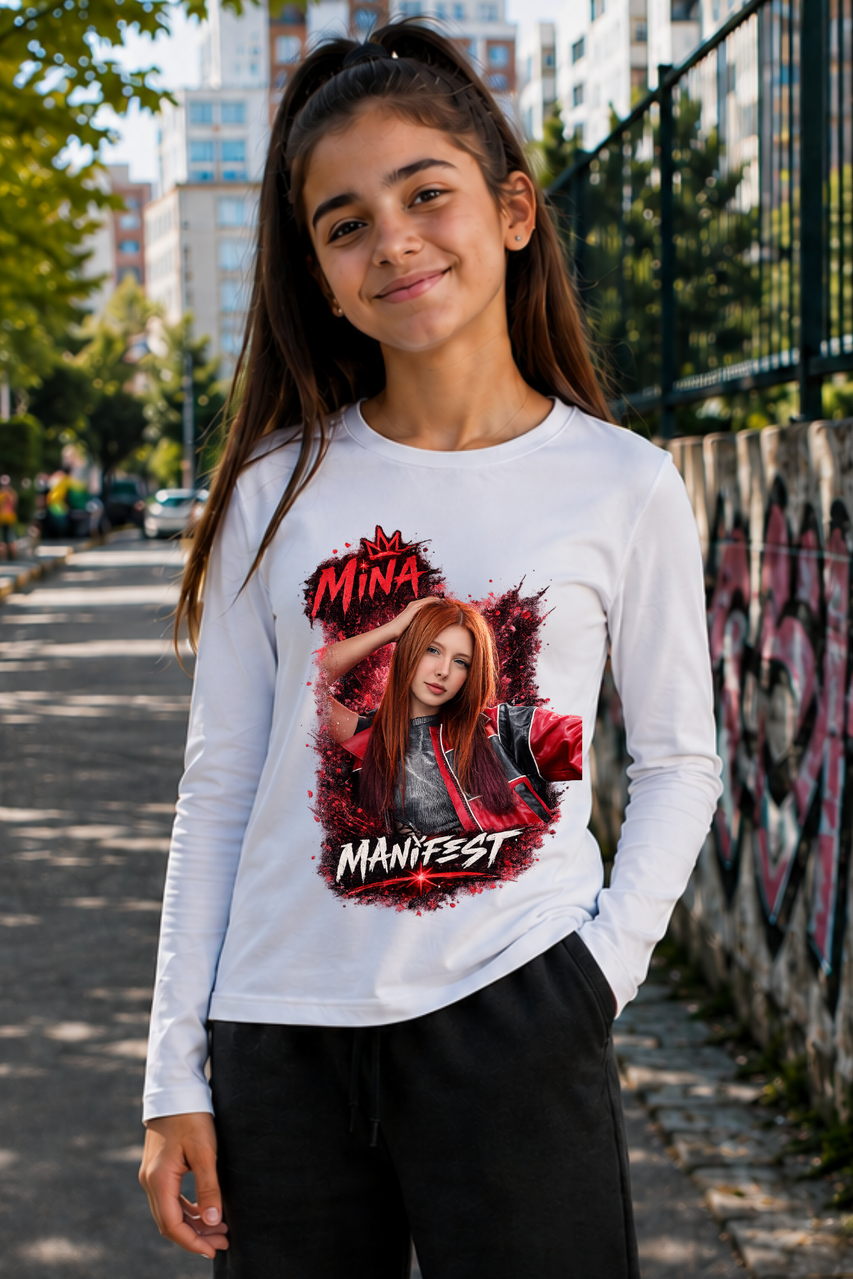 Manifest Mina Baskılı Beyaz Dar Kalıp Body Uzun Kollu Tişört