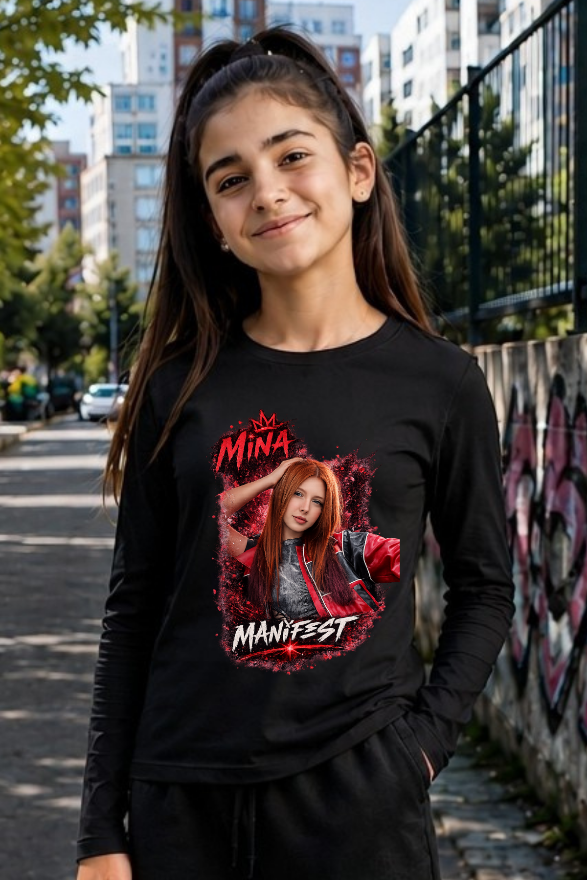 Manifest Mina Baskılı Dar Kalıp Siyah Body Uzun Kollu Tişört