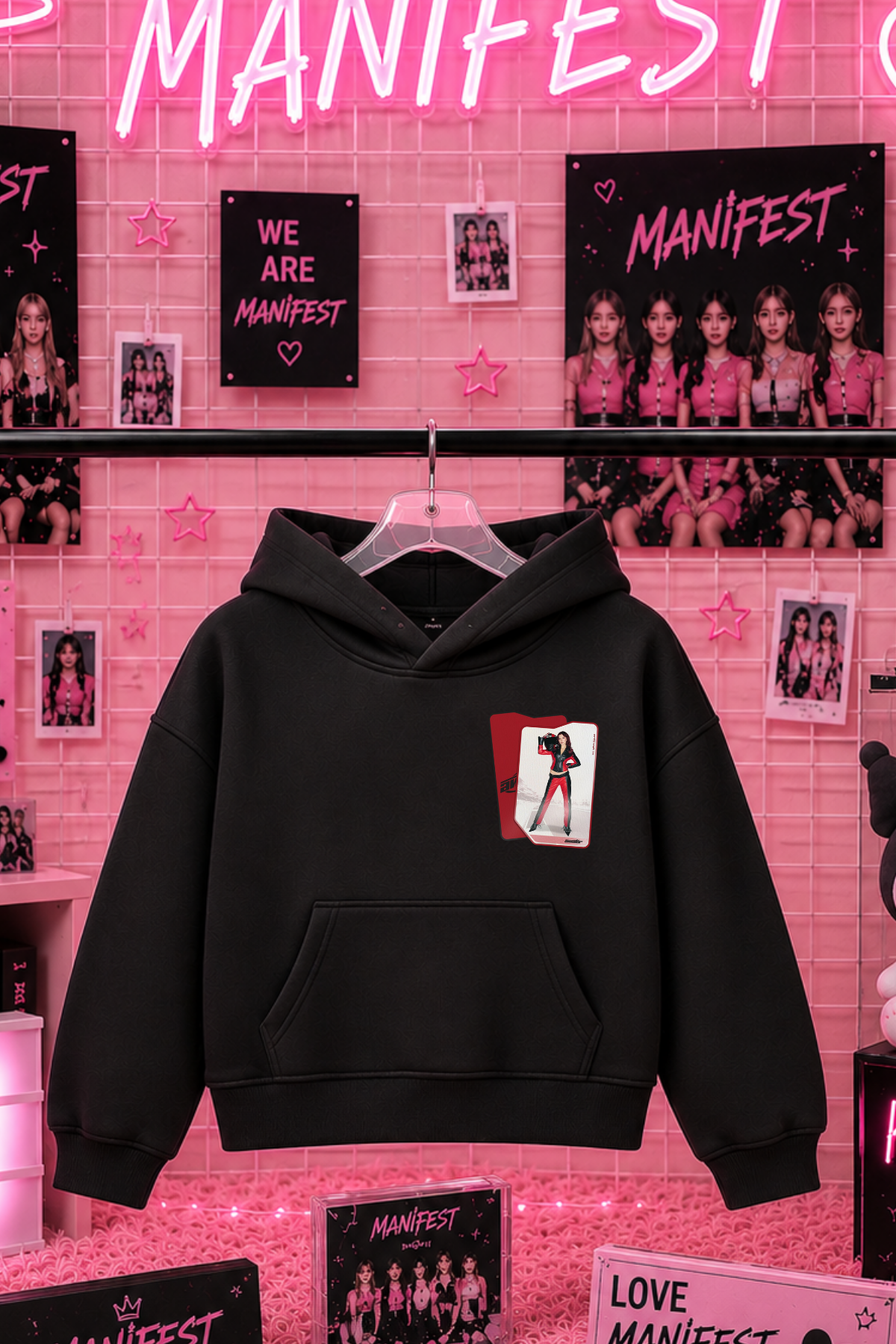 Manifest Mina Kart Baskılı Siyah 3 İplik Şardonsuz Sweatshirt