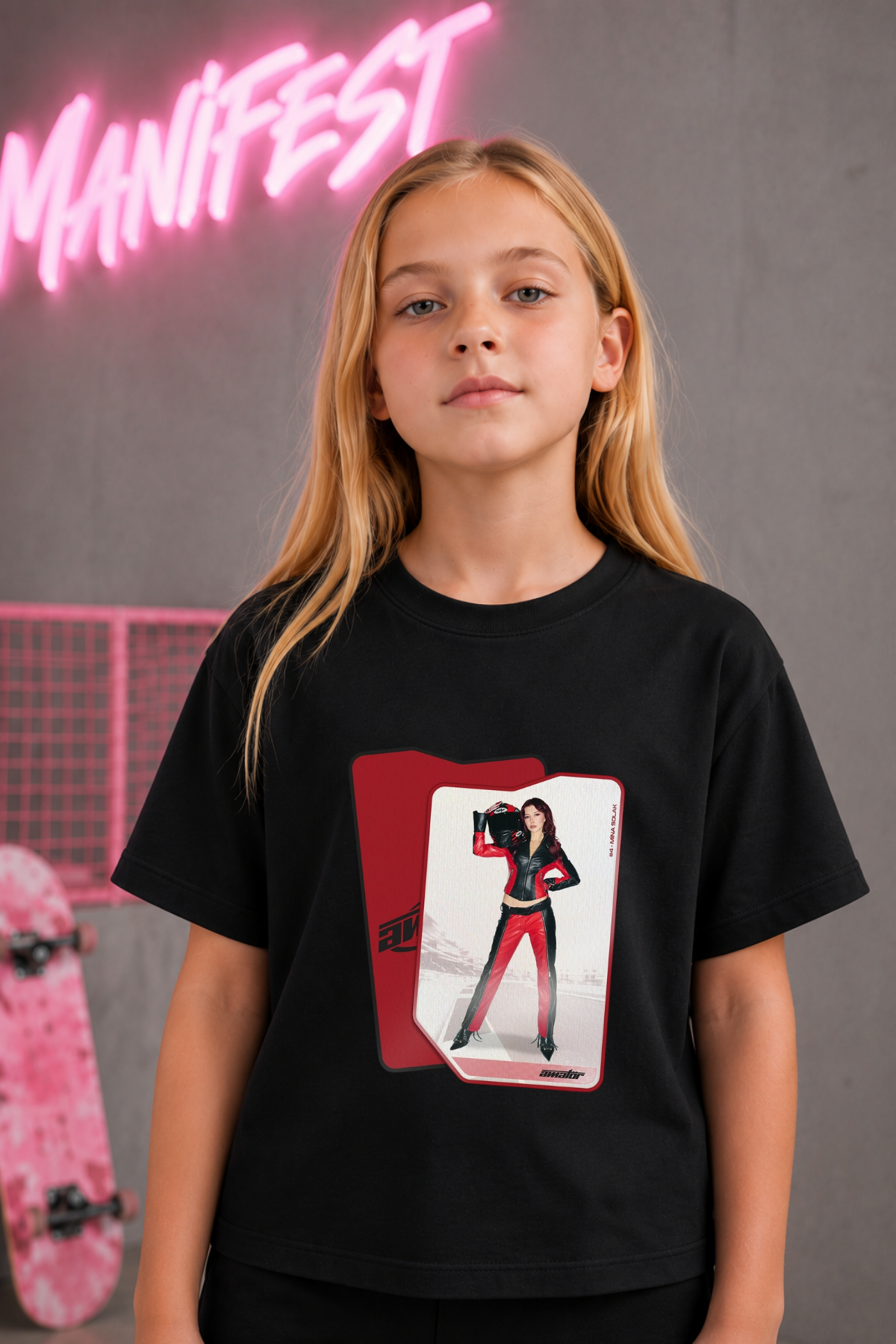 Manifest Mina Kart Baskılı Siyah Tişört Tshirt
