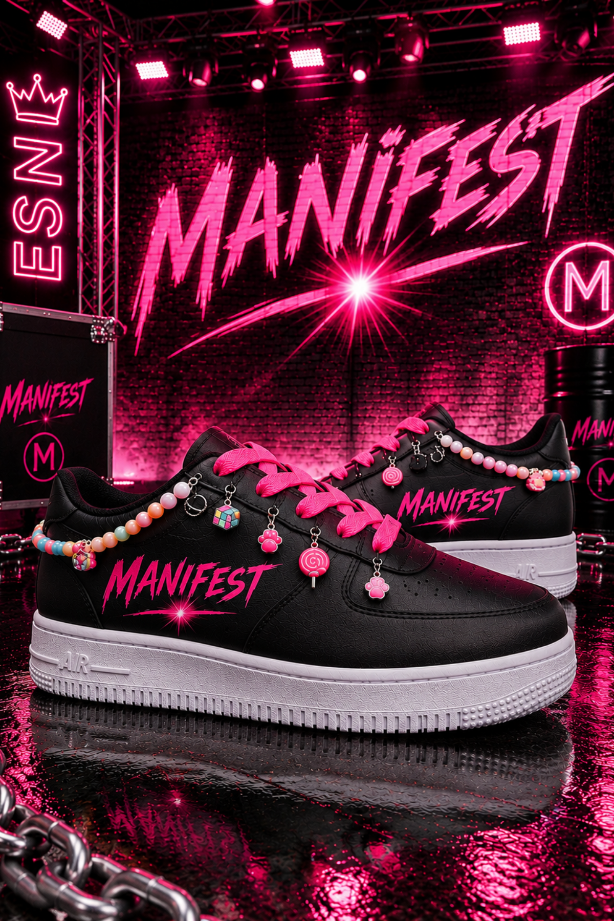 Manifest Pembe Yazı Baskılı Siyah Boncuk Ve Halhallı Spor Ayakkabı Sneaker 