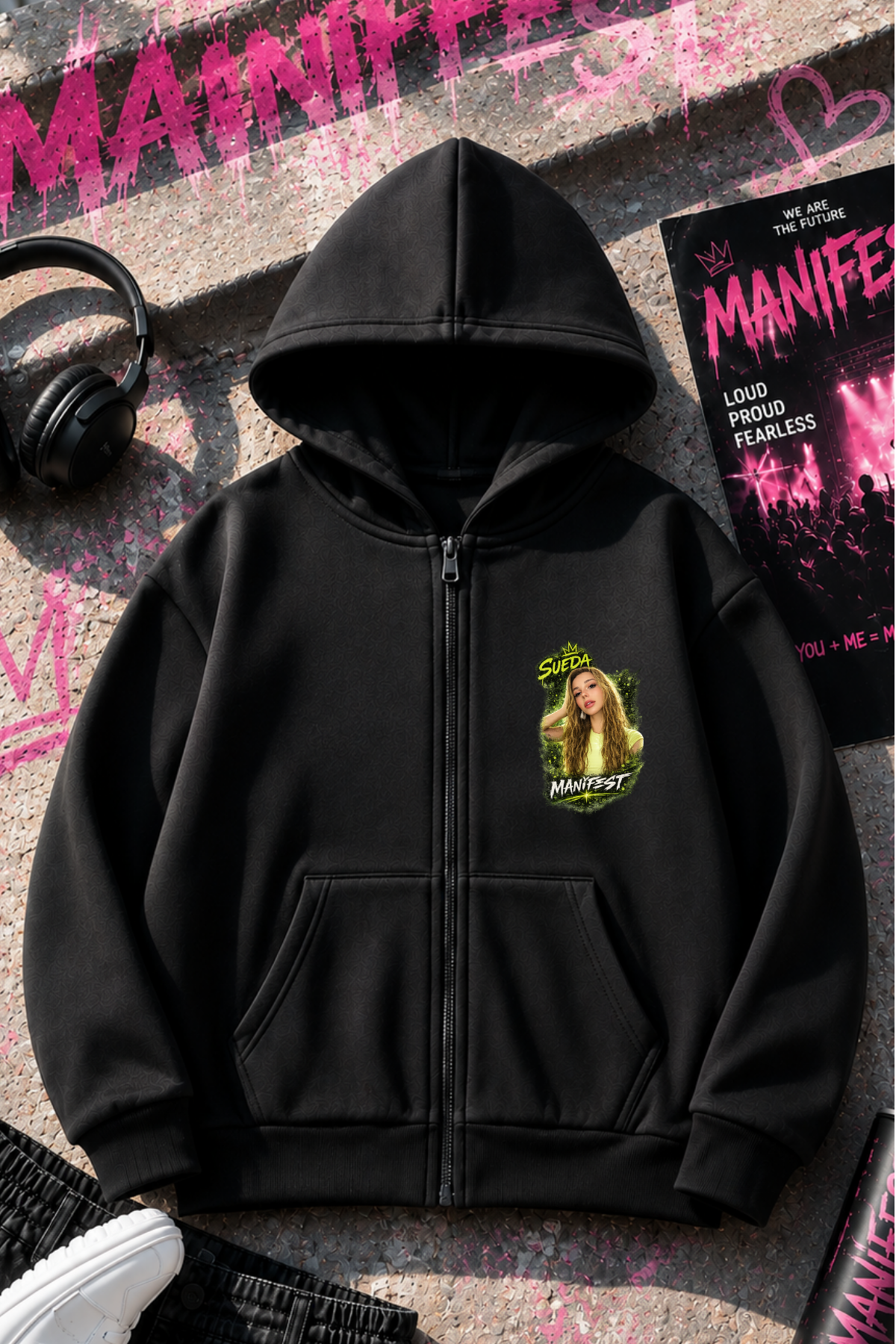 Manifest Sueda Baskılı Siyah Fermuarlı Hırka Sweatshirt 
