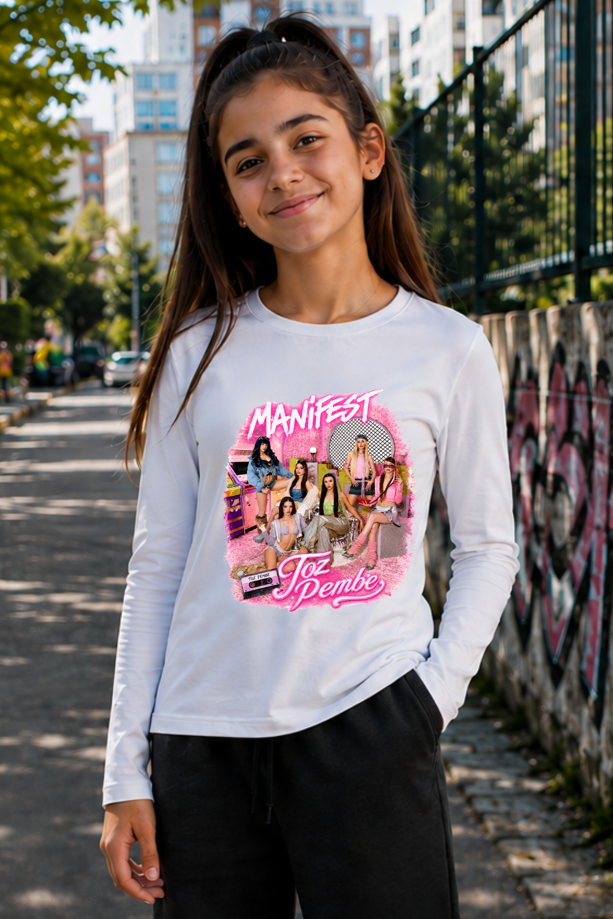 Manifest Toz Pembe Baskılı Beyaz Dar Kalıp Body Uzun Kollu Tişört